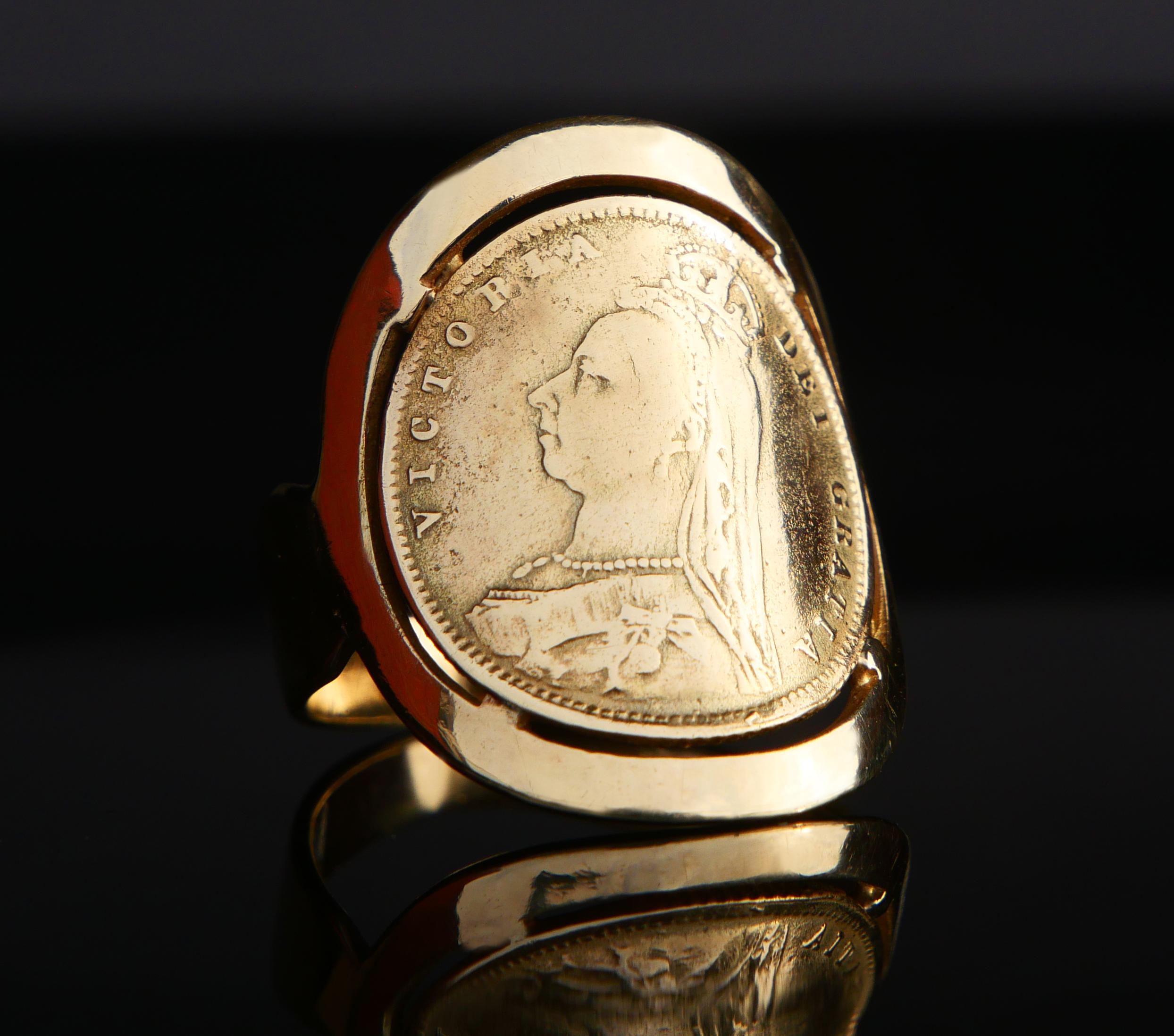 Art nouveau Antiquities Coin Ring British Victorian Sovereign solid 14K Gold Ø8.5/ US7gr en vente