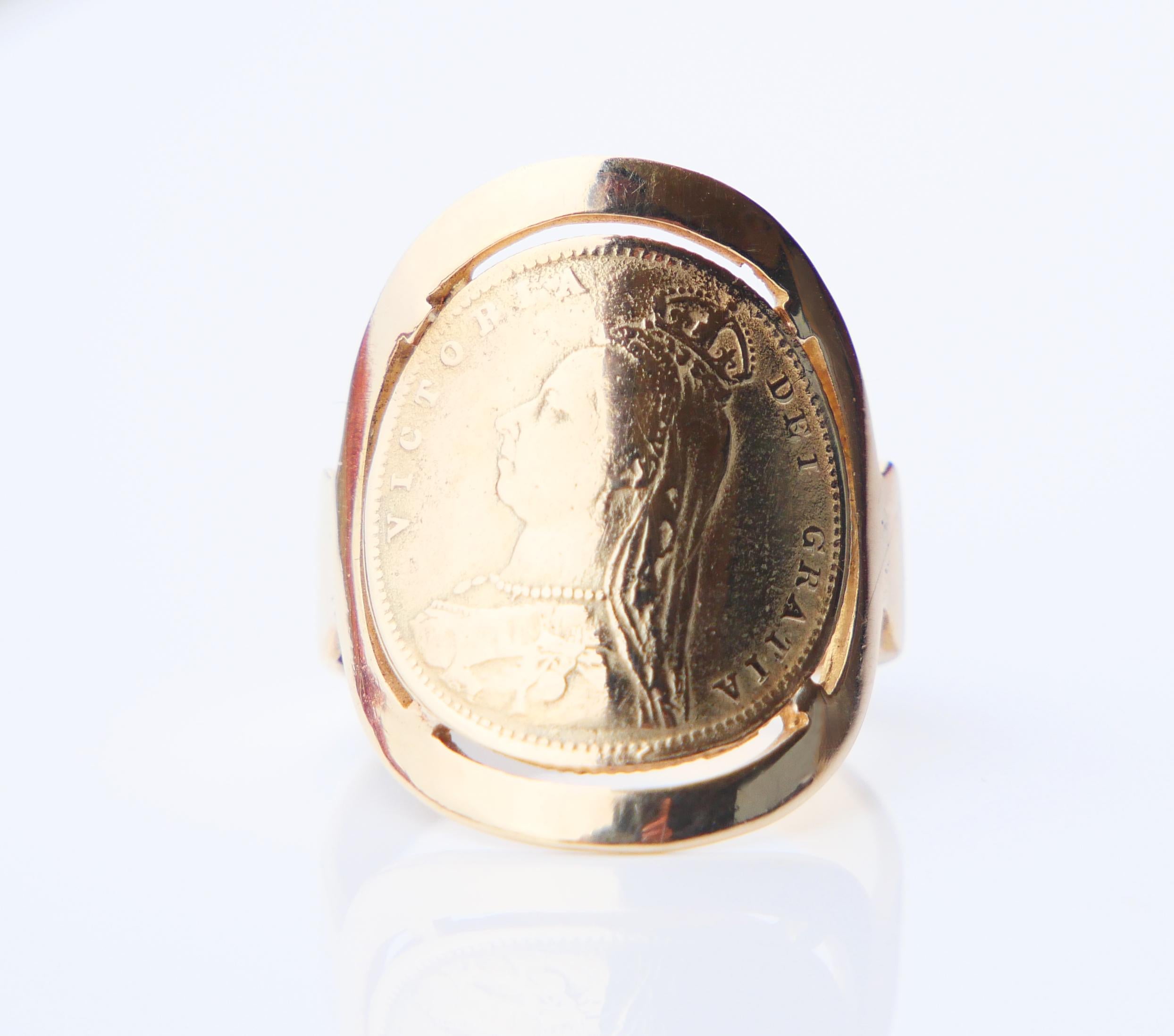 Antique Coin Ring British Victorian Sovereign solid 14K Gold Ø8.5/ US7gr For Sale 4