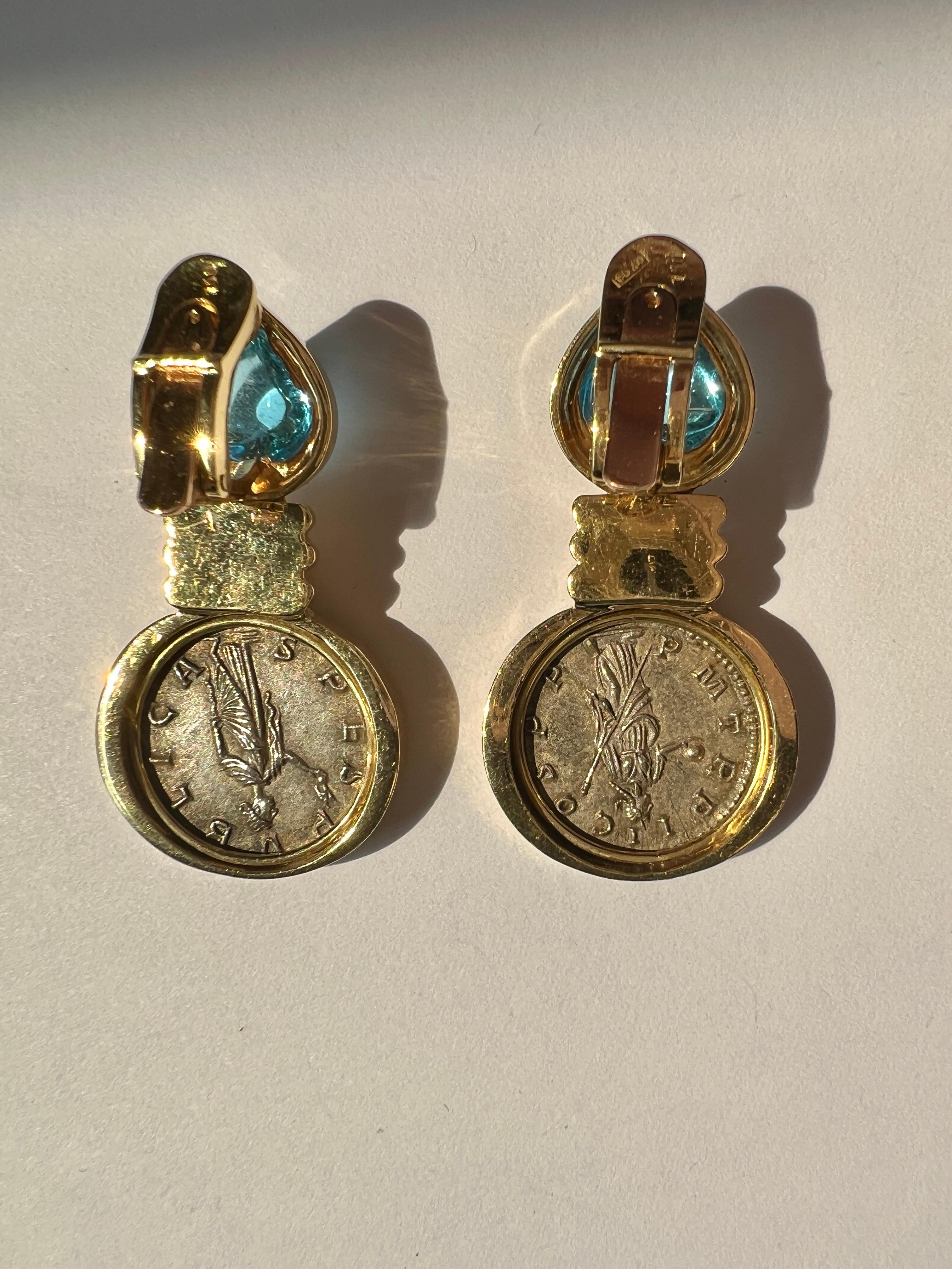 Mixed Cut Antique Coin Topaz 18k Gold Earrings For Sale