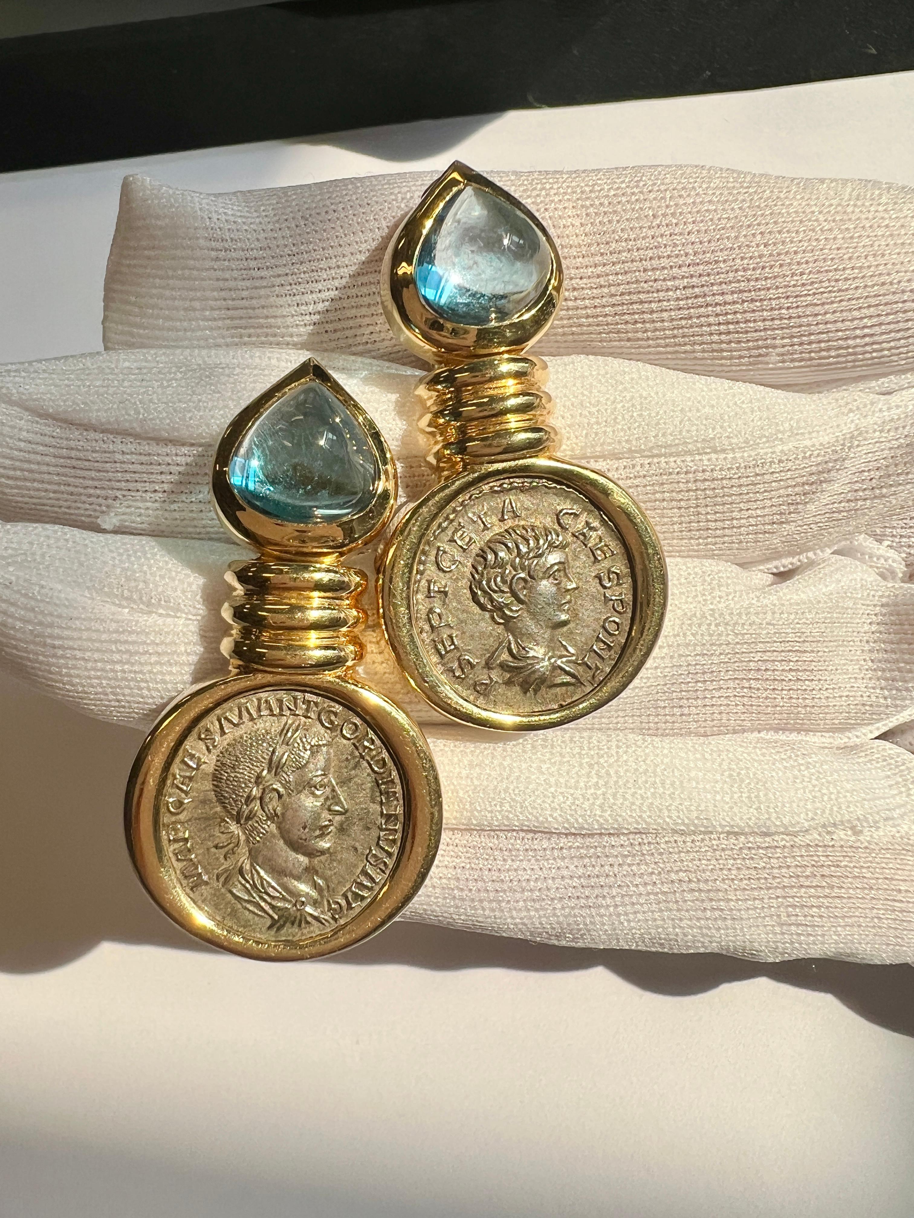 Women's Antique Coin Topaz 18k Gold Earrings For Sale