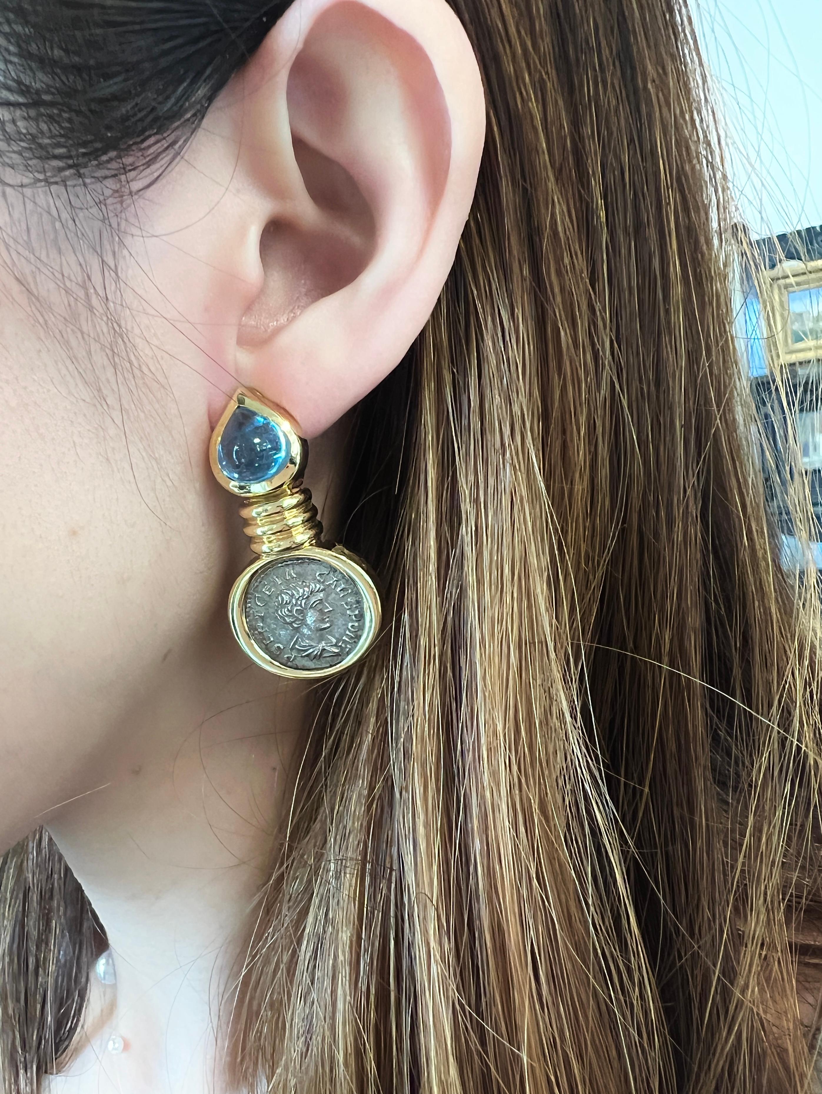 Antique Coin Topaz 18k Gold Earrings For Sale 1
