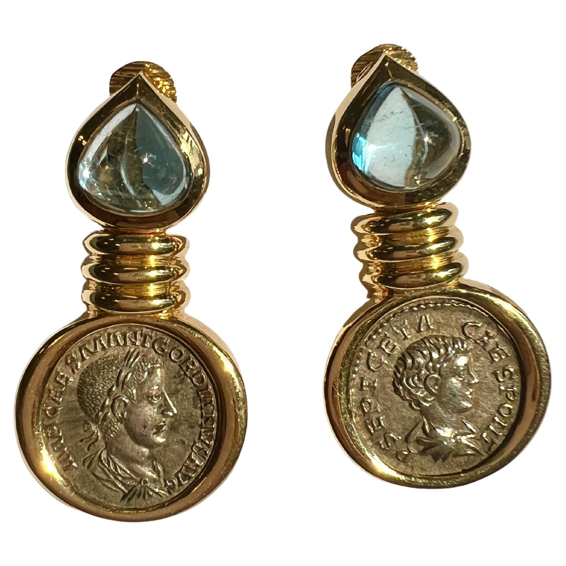 Antique Coin Topaz 18k Gold Earrings For Sale