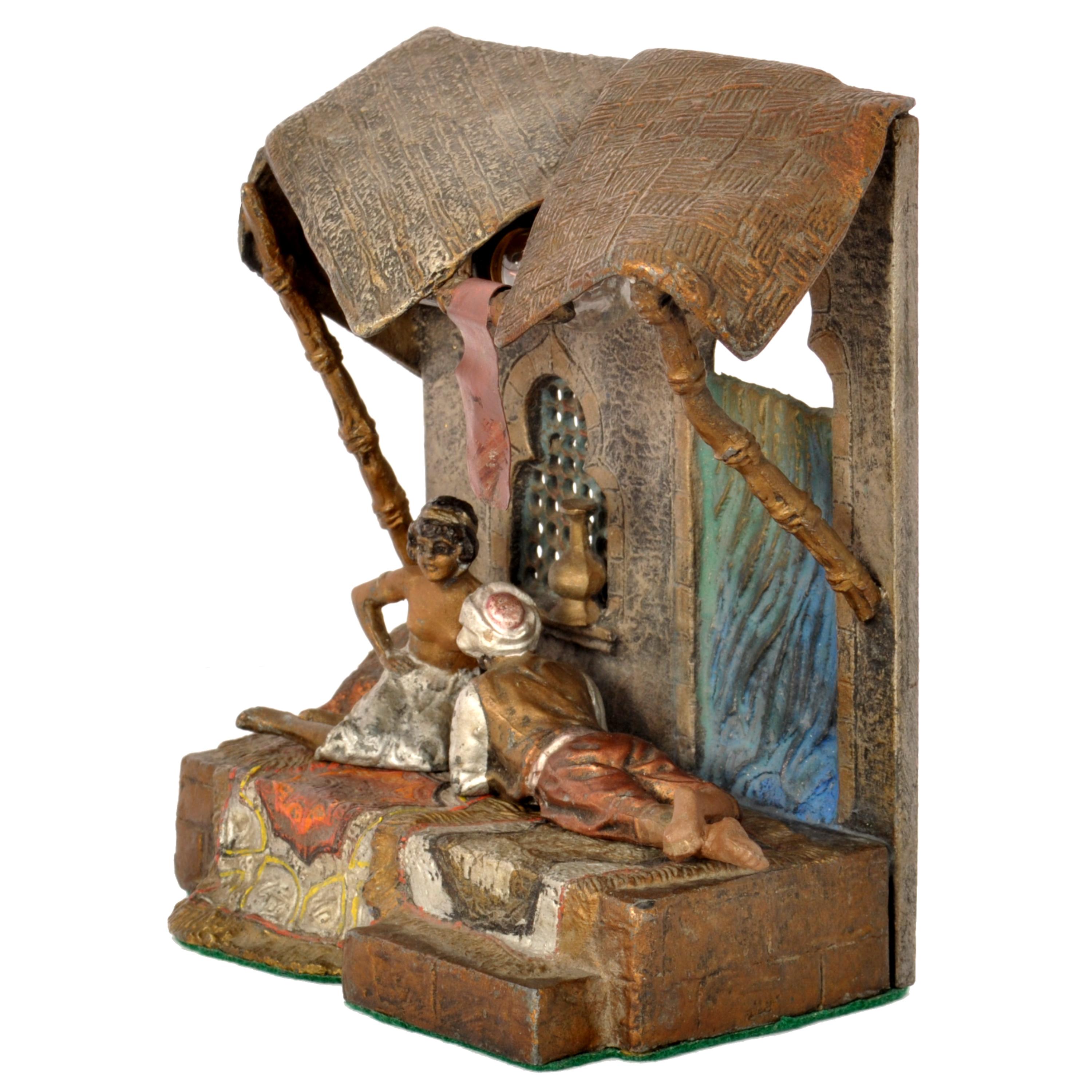 Art Deco Antique Cold-Painted Austrian Bronze Arab Orientalist Figural Statue Lamp 1920
