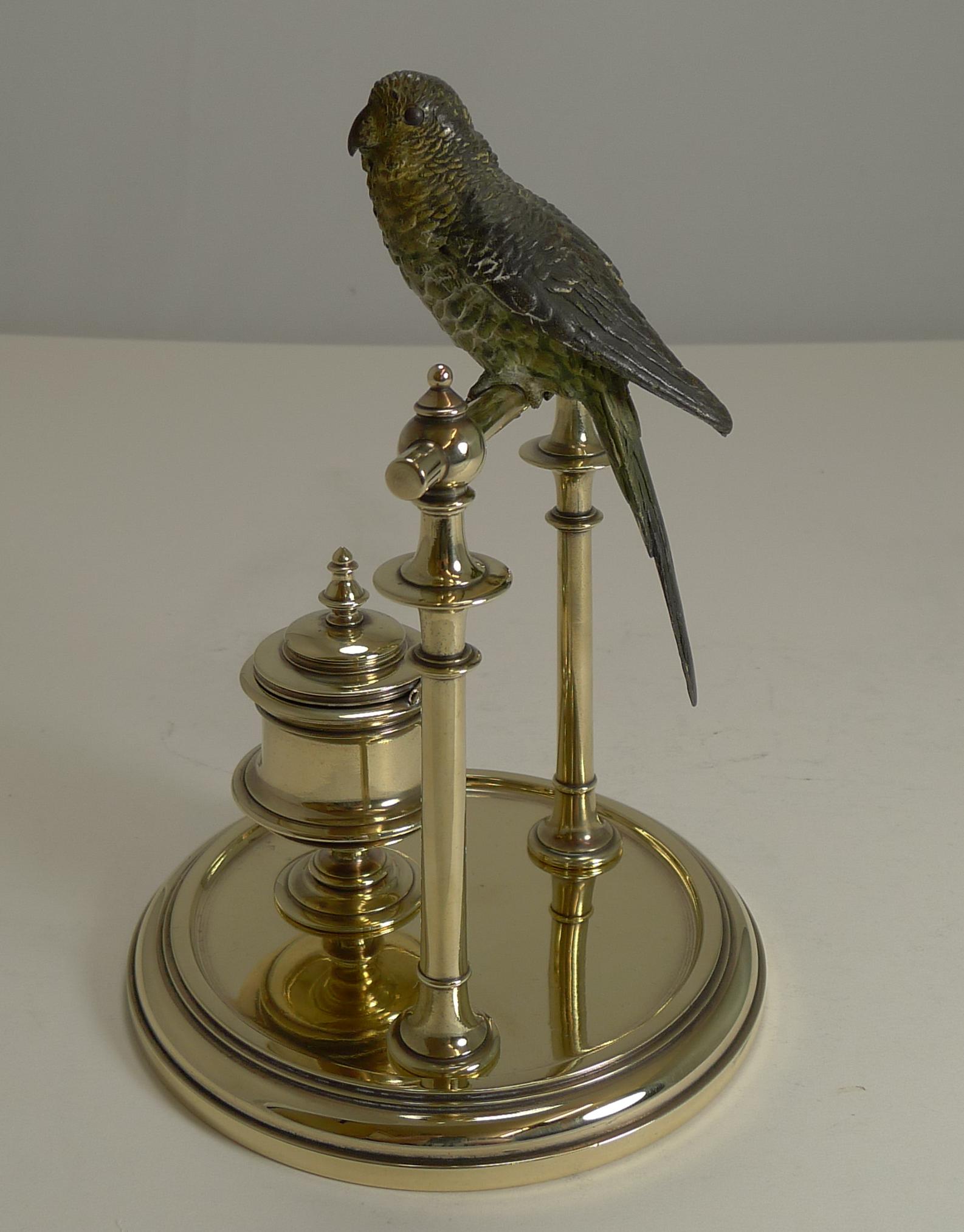 Late Victorian Antique Cold Painted Bronze Budgerigar / Parakeet Inkwell, circa 1890