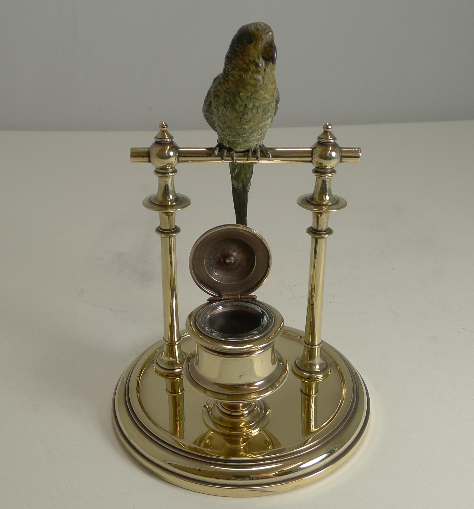 Late 19th Century Antique Cold Painted Bronze Budgerigar / Parakeet Inkwell, circa 1890