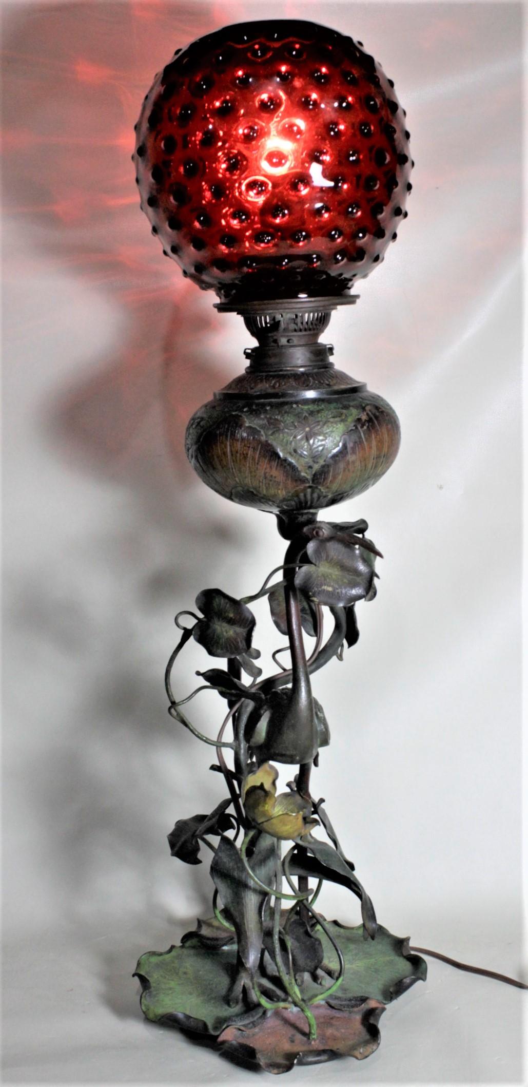 Austrian Antique Cold-Painted Bronze Converted Oil Lamp of Figural Heron & Lily Pads