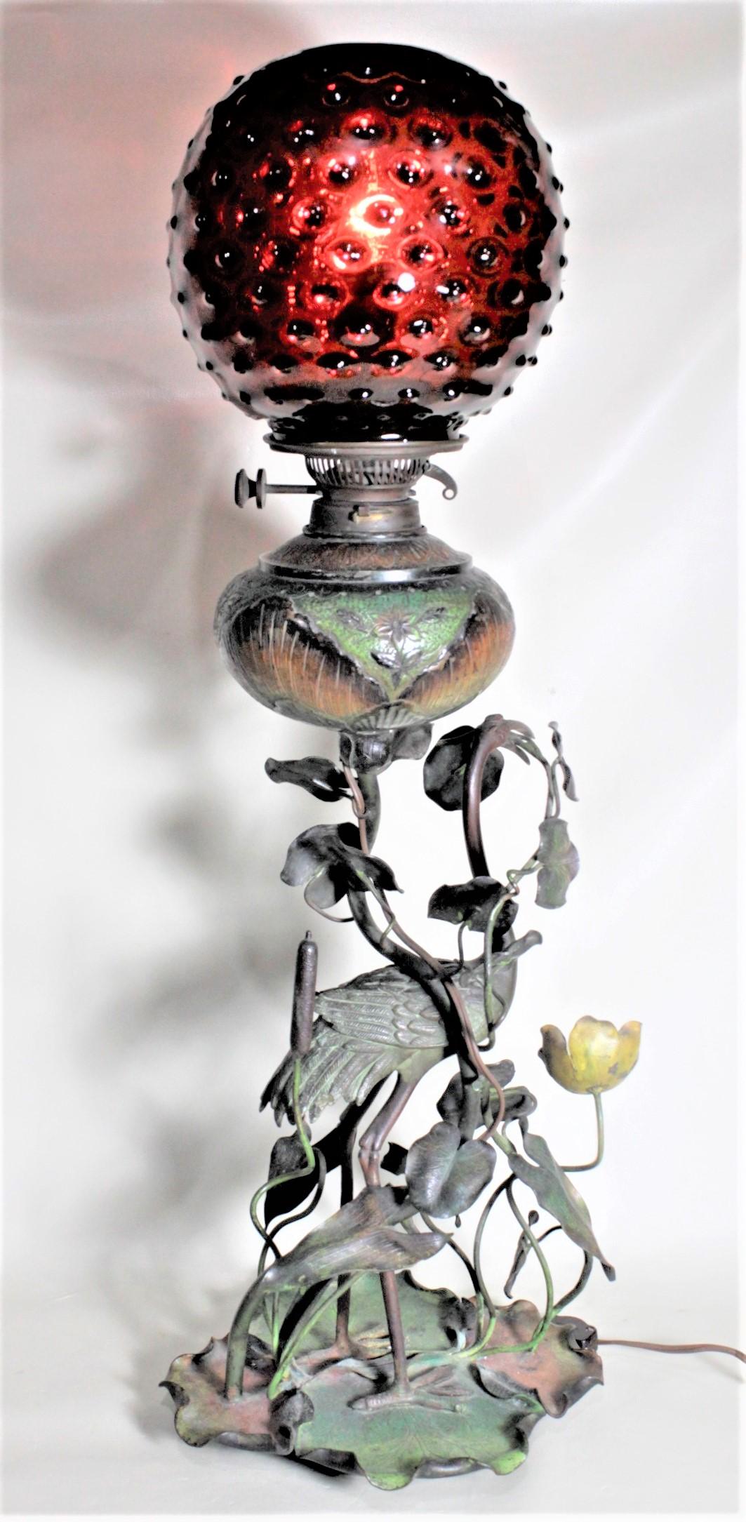 Cast Antique Cold-Painted Bronze Converted Oil Lamp of Figural Heron & Lily Pads