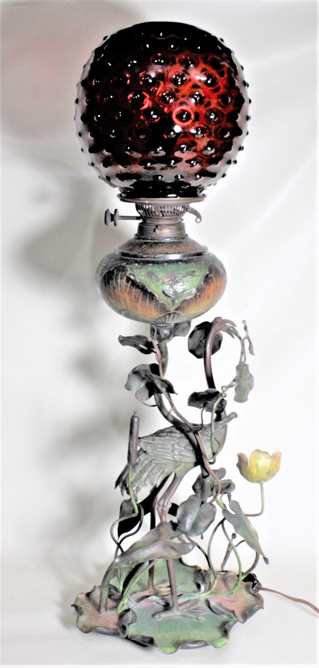 Antique Cold-Painted Bronze Converted Oil Lamp of Figural Heron & Lily Pads In Good Condition In Hamilton, Ontario