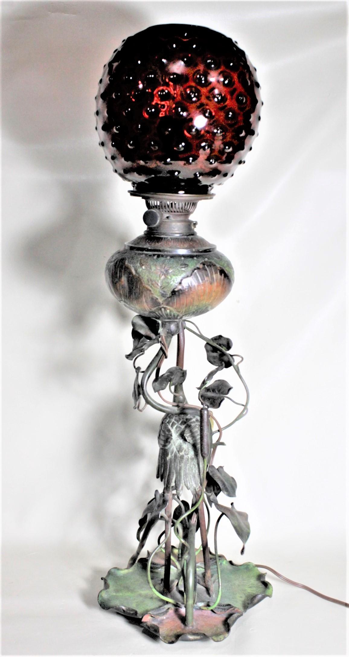 19th Century Antique Cold-Painted Bronze Converted Oil Lamp of Figural Heron & Lily Pads