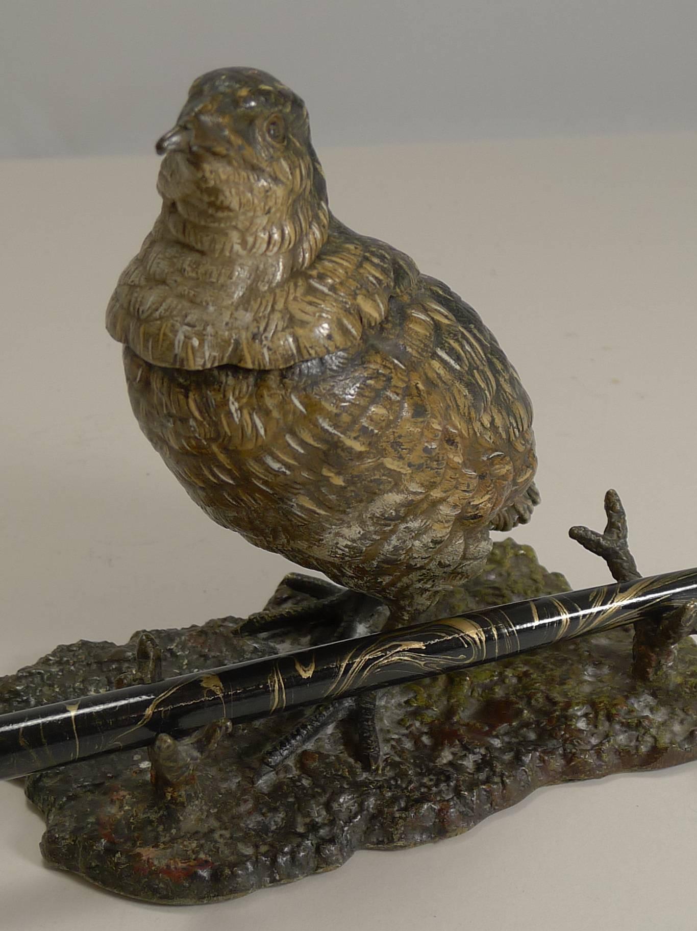 Antique Cold Painted Bronze Game Bird Inkwell, circa 1900 2