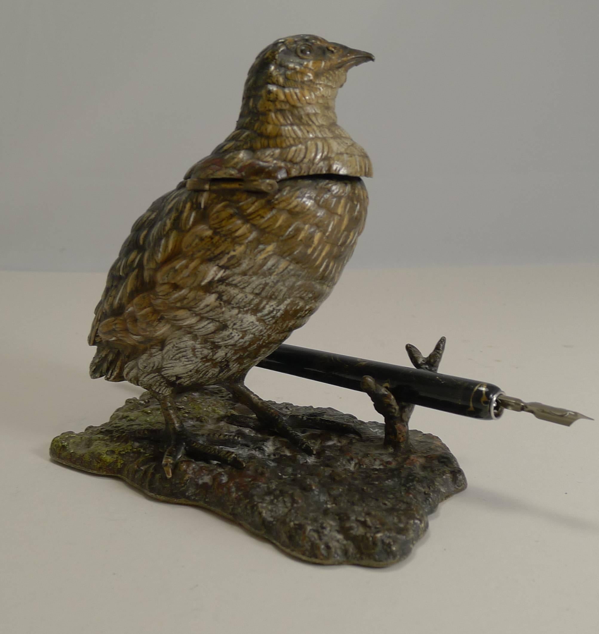 Edwardian Antique Cold Painted Bronze Game Bird Inkwell, circa 1900