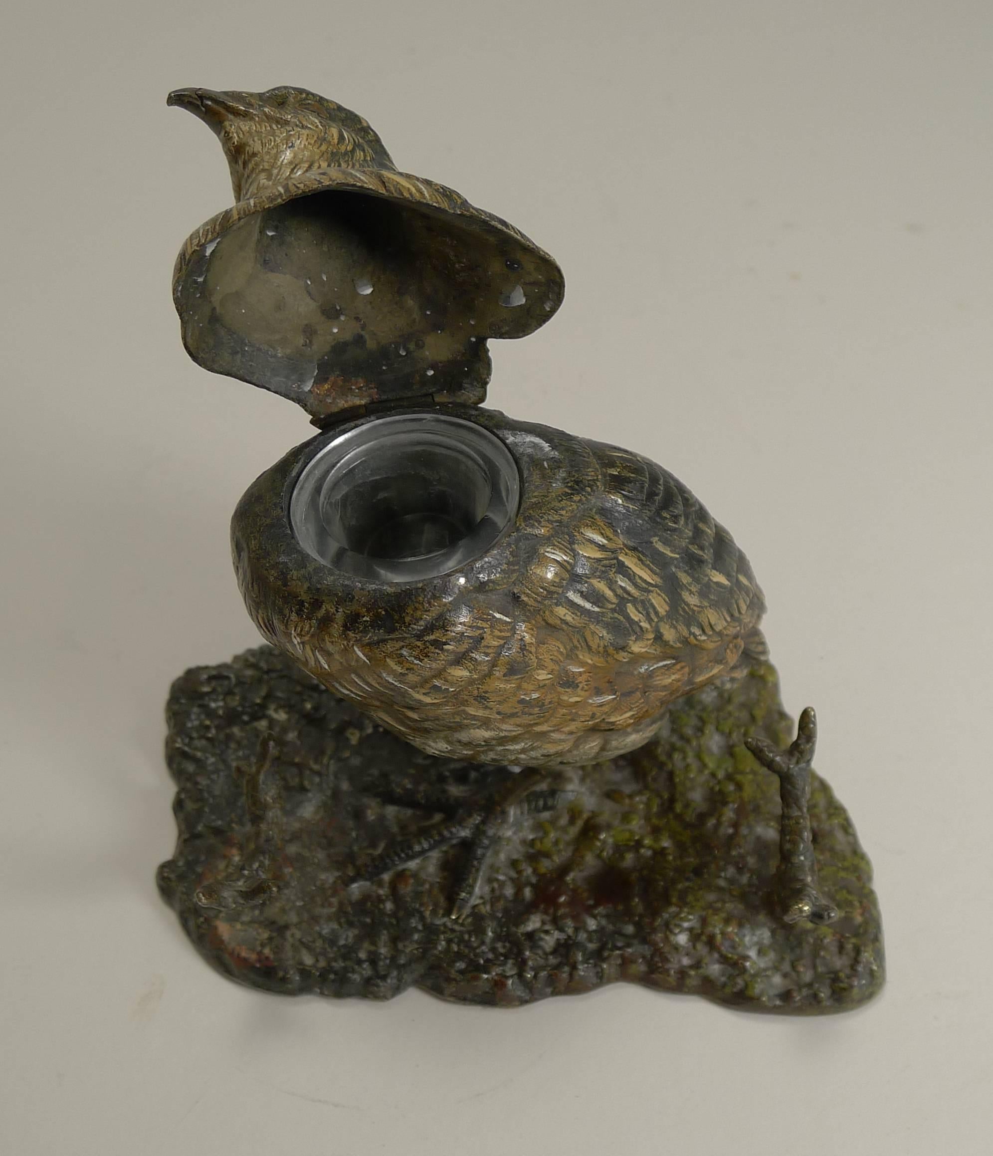 20th Century Antique Cold Painted Bronze Game Bird Inkwell, circa 1900