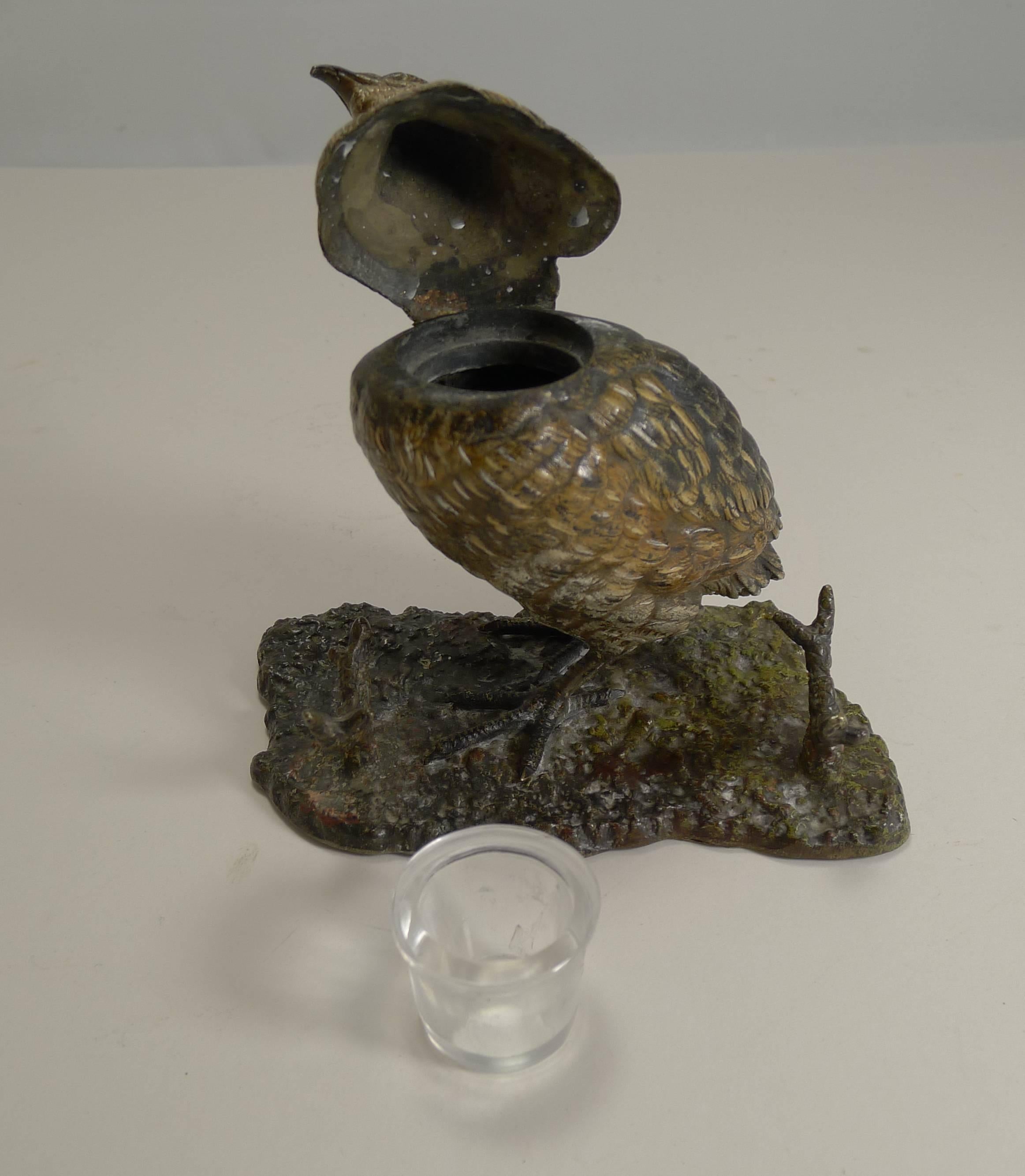 Antique Cold Painted Bronze Game Bird Inkwell, circa 1900 1