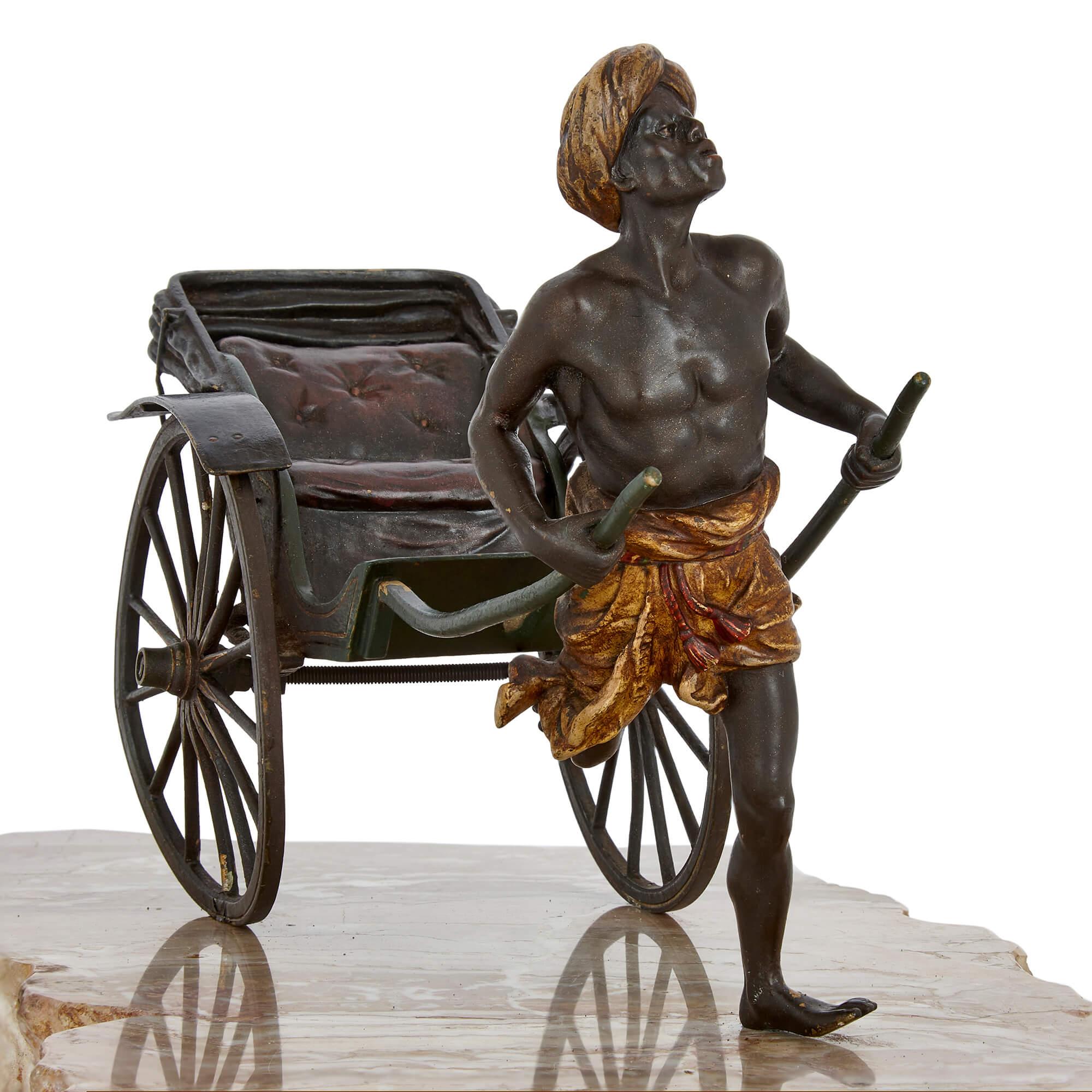 Islamic Antique Cold-Painted Bronze of a Pulled Rickshaw by Bergman  For Sale