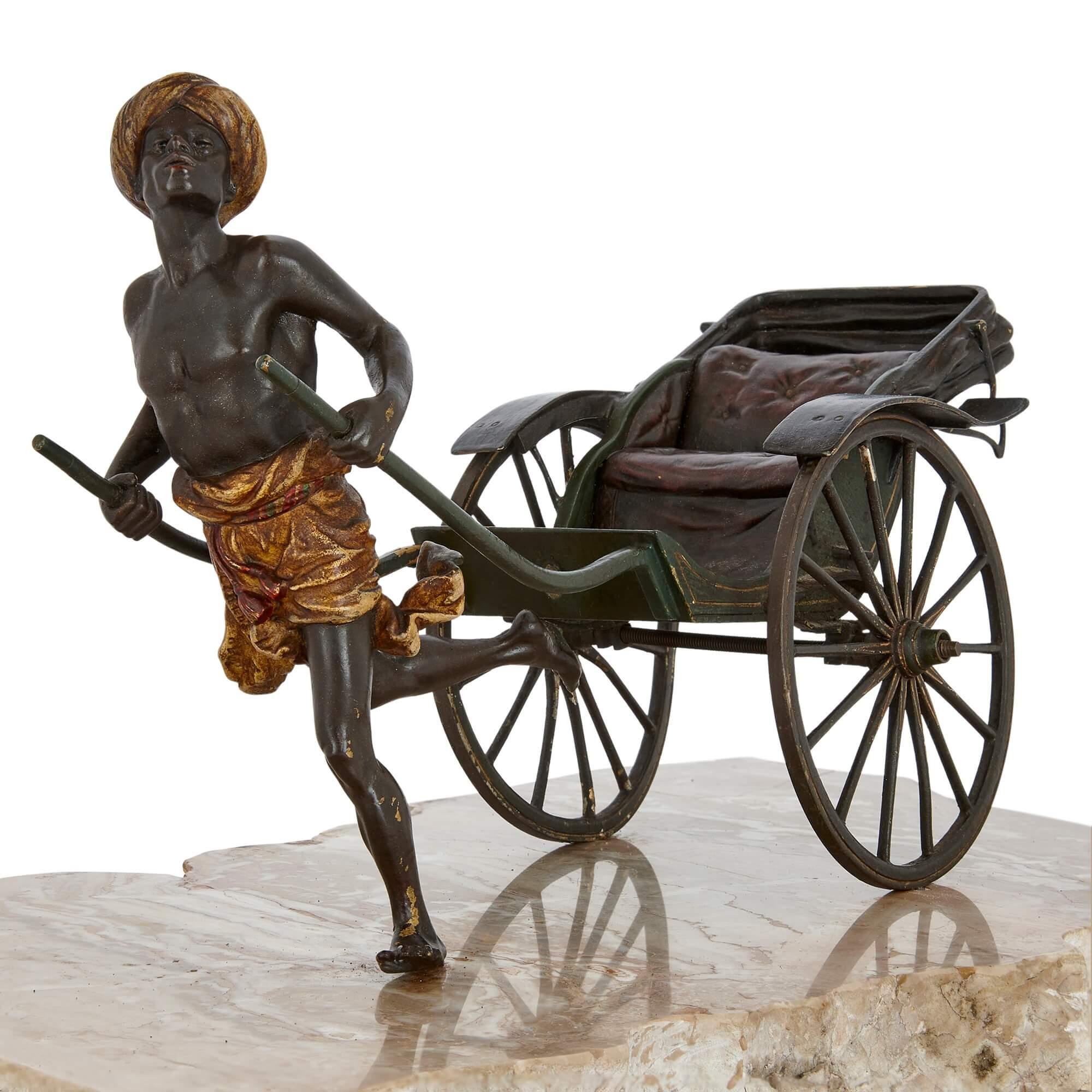 Austrian Antique Cold-Painted Bronze of a Pulled Rickshaw by Bergman  For Sale