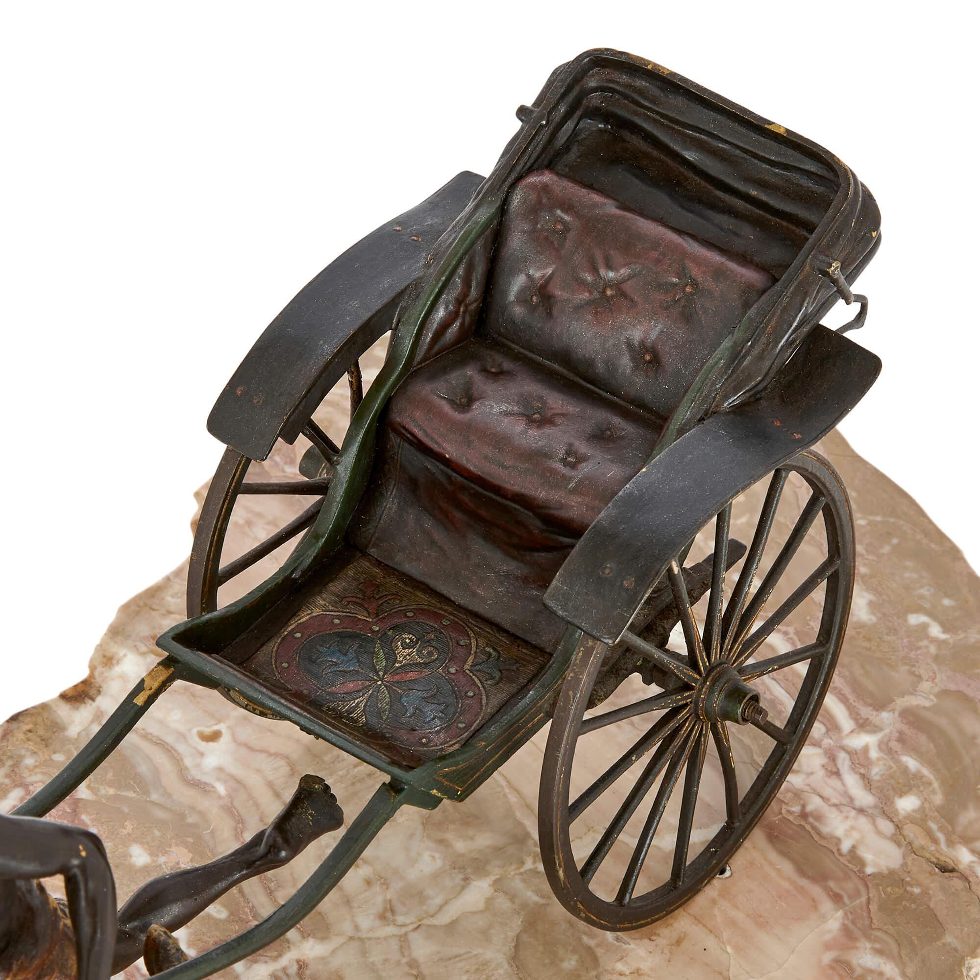 Antique Cold-Painted Bronze of a Pulled Rickshaw by Bergman  In Good Condition For Sale In London, GB