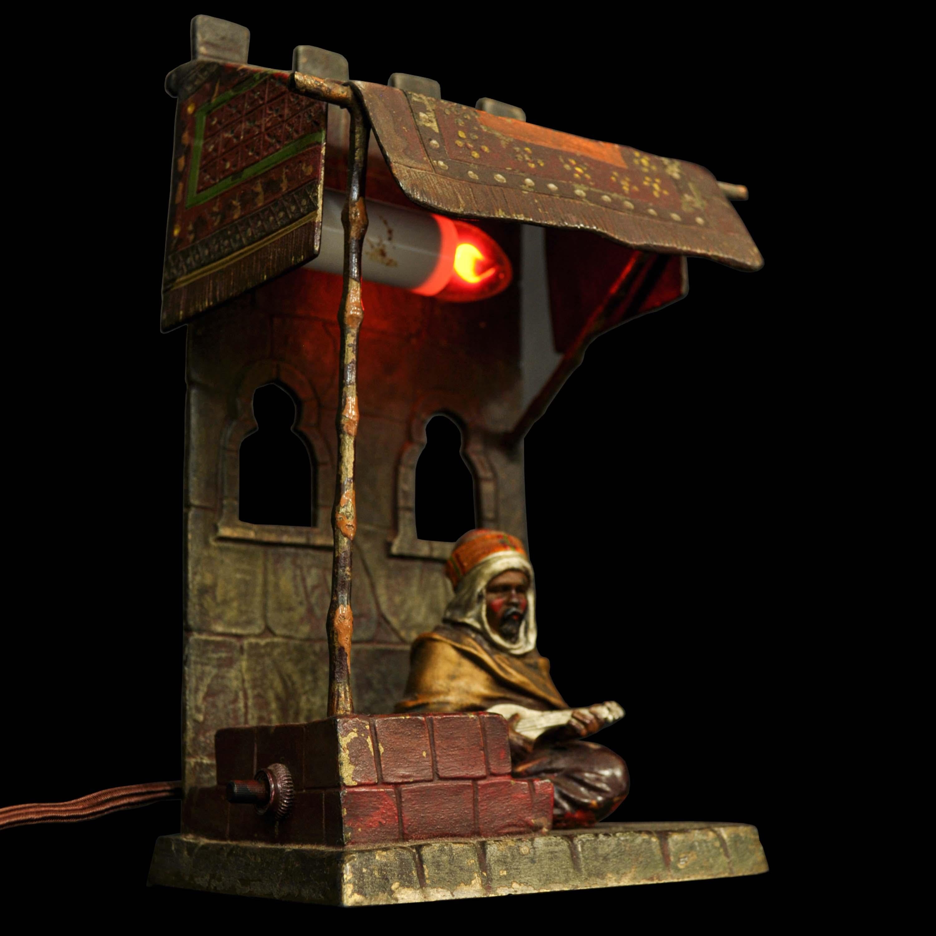 Lampe ancienne en bronze de Vienne peinte à froid Franz Bergman Orientalist Arab 1920 en vente 3