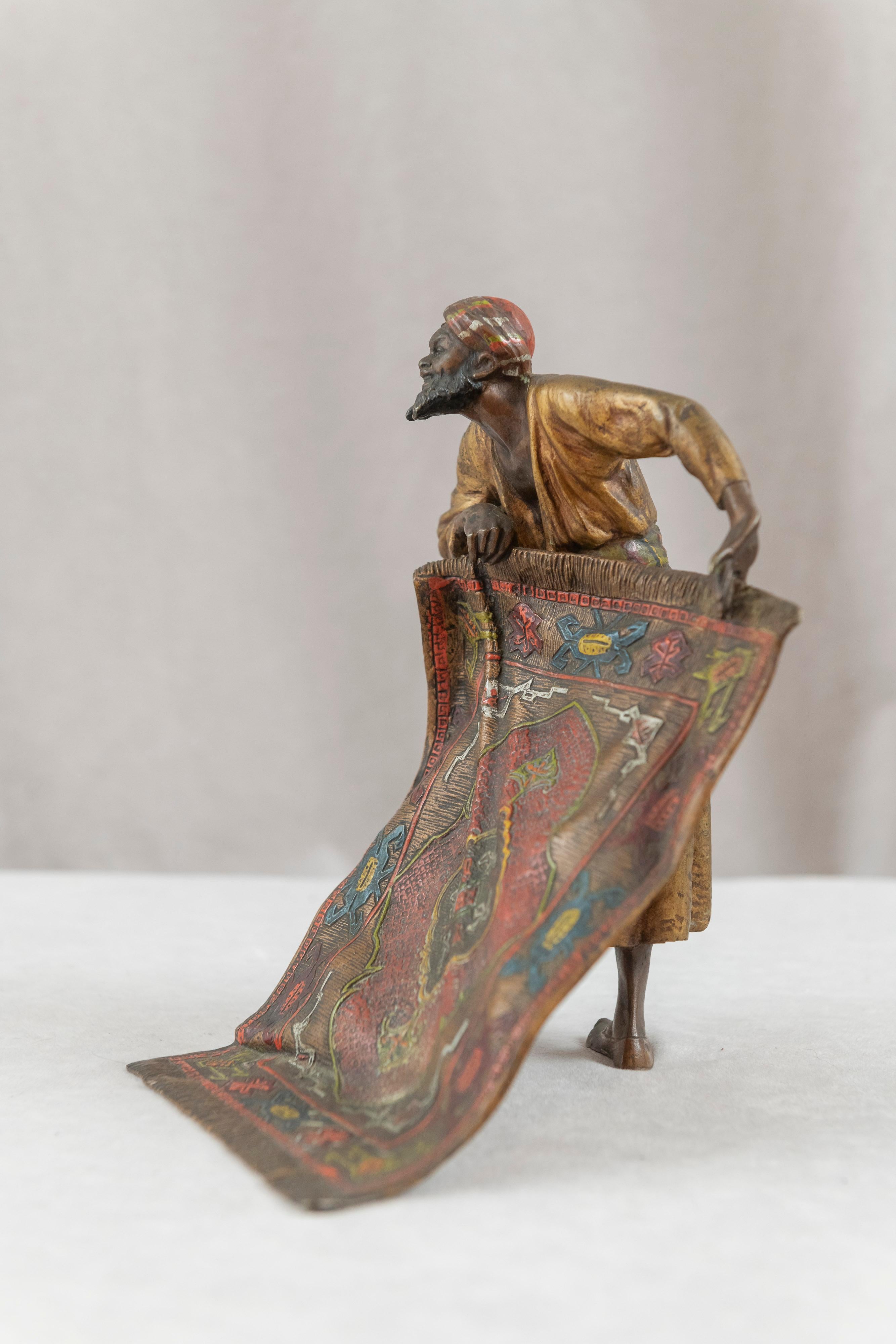 Austrian Antique Cold Painted Vienna Bronze, Orientalist Rug Seller, ca.1910