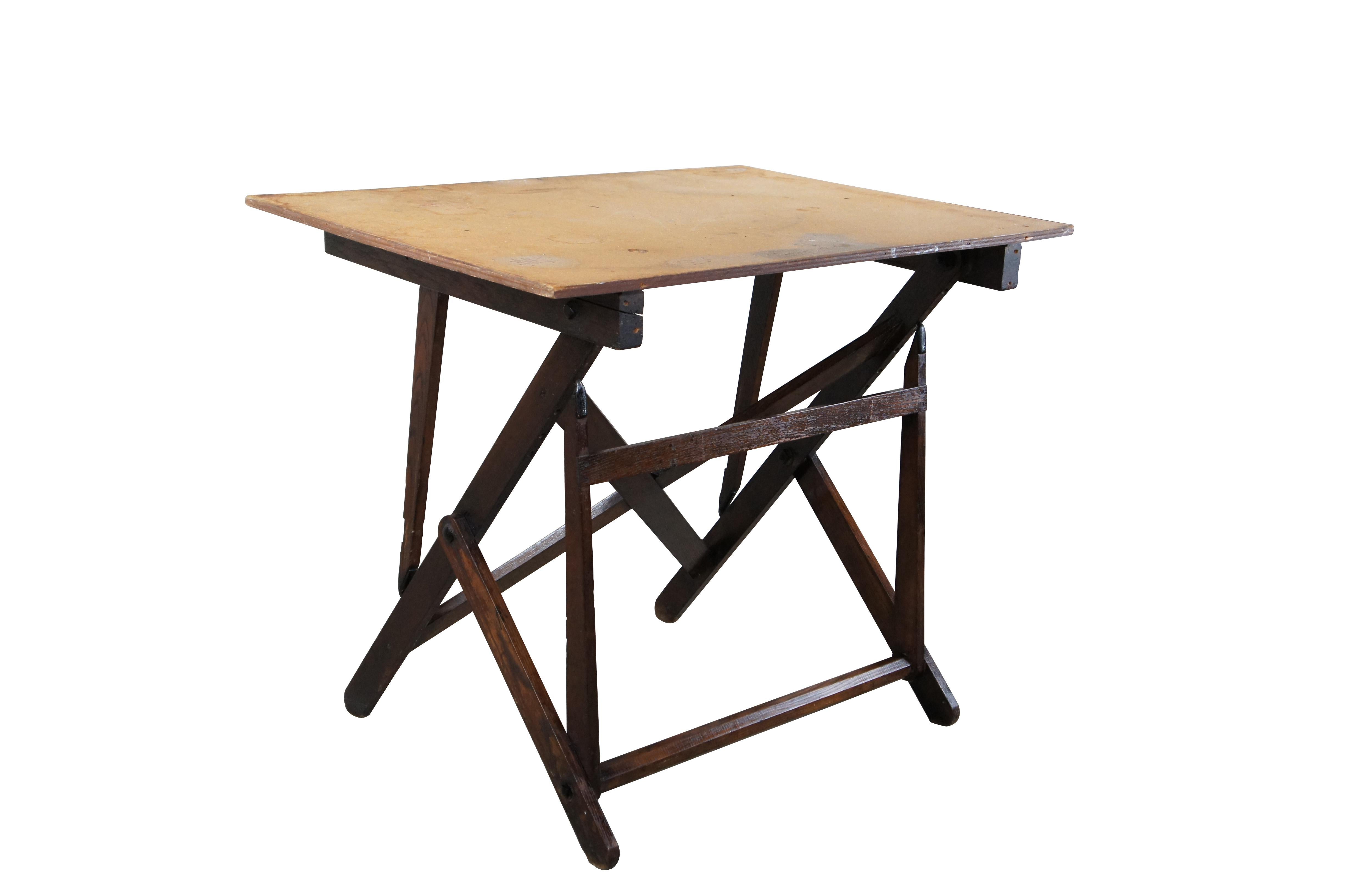 Antique Cole Industrial Adjustable Oak Drafting Drawing Table Artist Easel In Good Condition In Dayton, OH