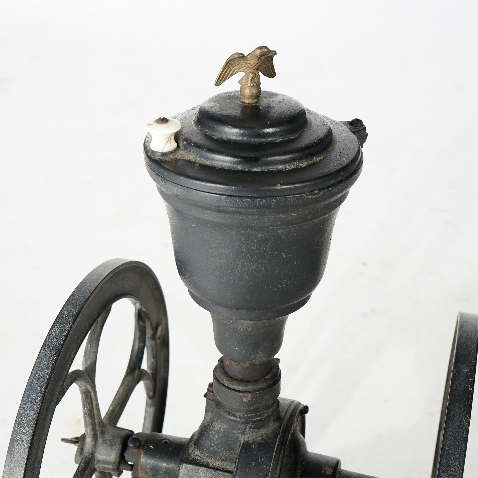 Antique Coles Country Store Cast Iron Coffee Grinder with Eagle Finial, C1900 In Good Condition In Big Flats, NY