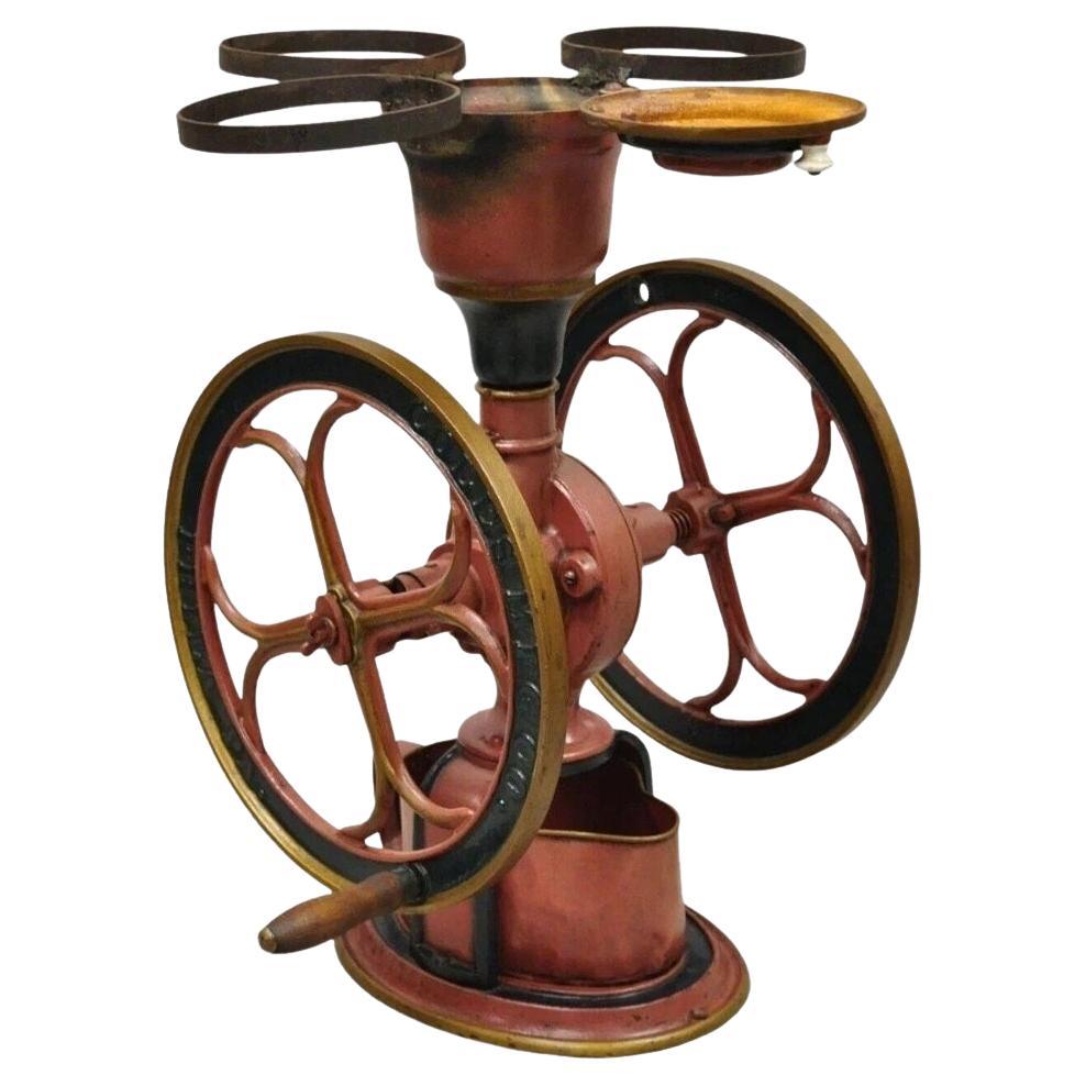 Antique Coles Mfg Co Cast Iron Red Green Victorian Large Coffee Mill Grinder For Sale