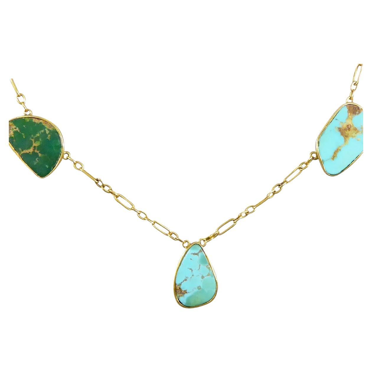 Collier ancien en or jaune 15 carats avec turquoise et turquoise, serti sur le collier