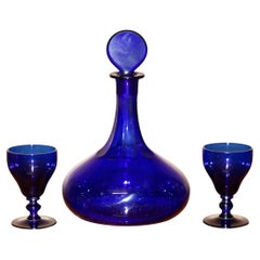 ANTiQUE COLLECTABLE BRISTOL COBALT BLUE SHERRY GLASS DECANTER AND GLASSES