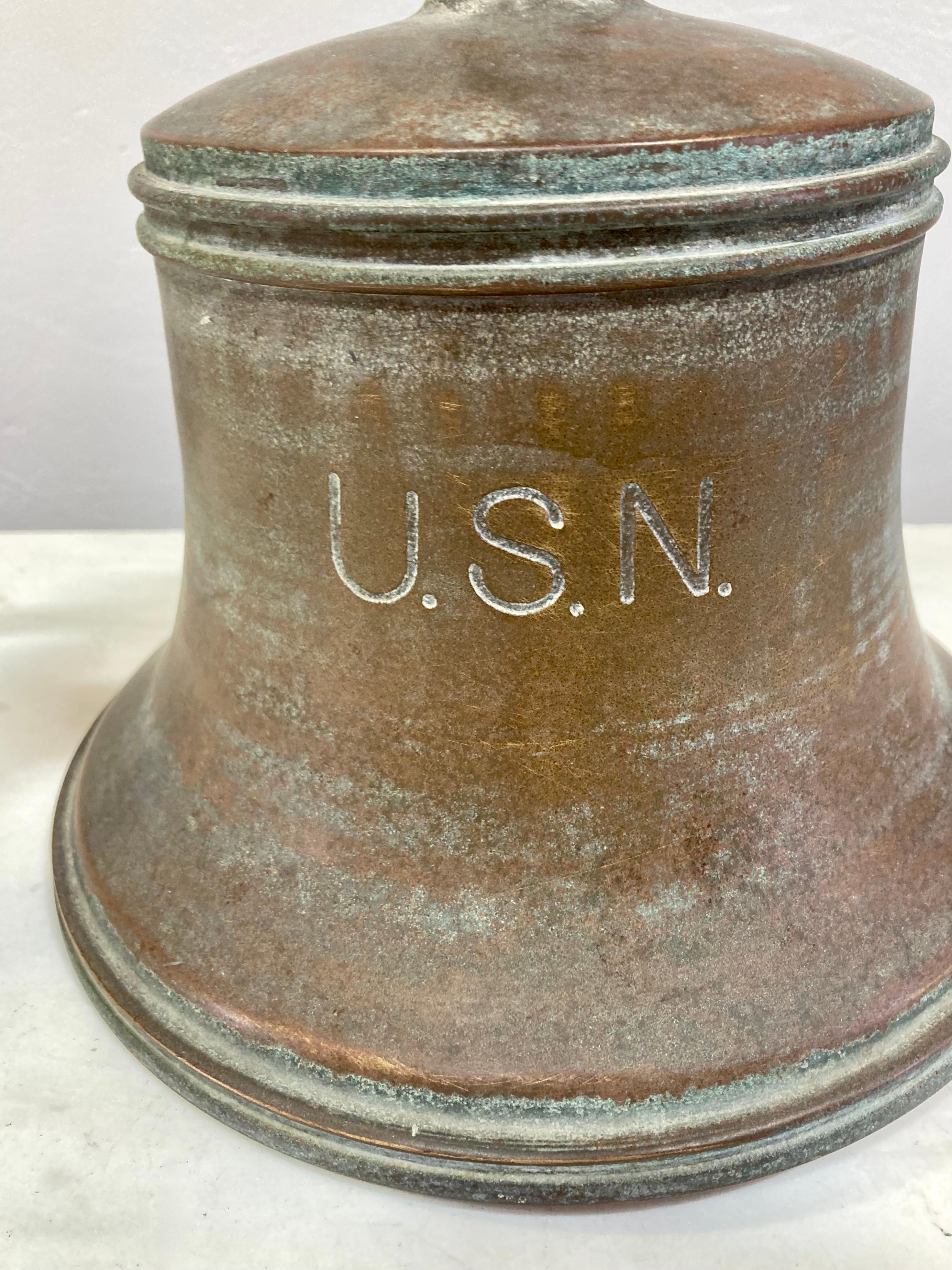 Antique WWII or earlier brass US Navy bell. Very heavy solid brass retired naval bell, engraved with 