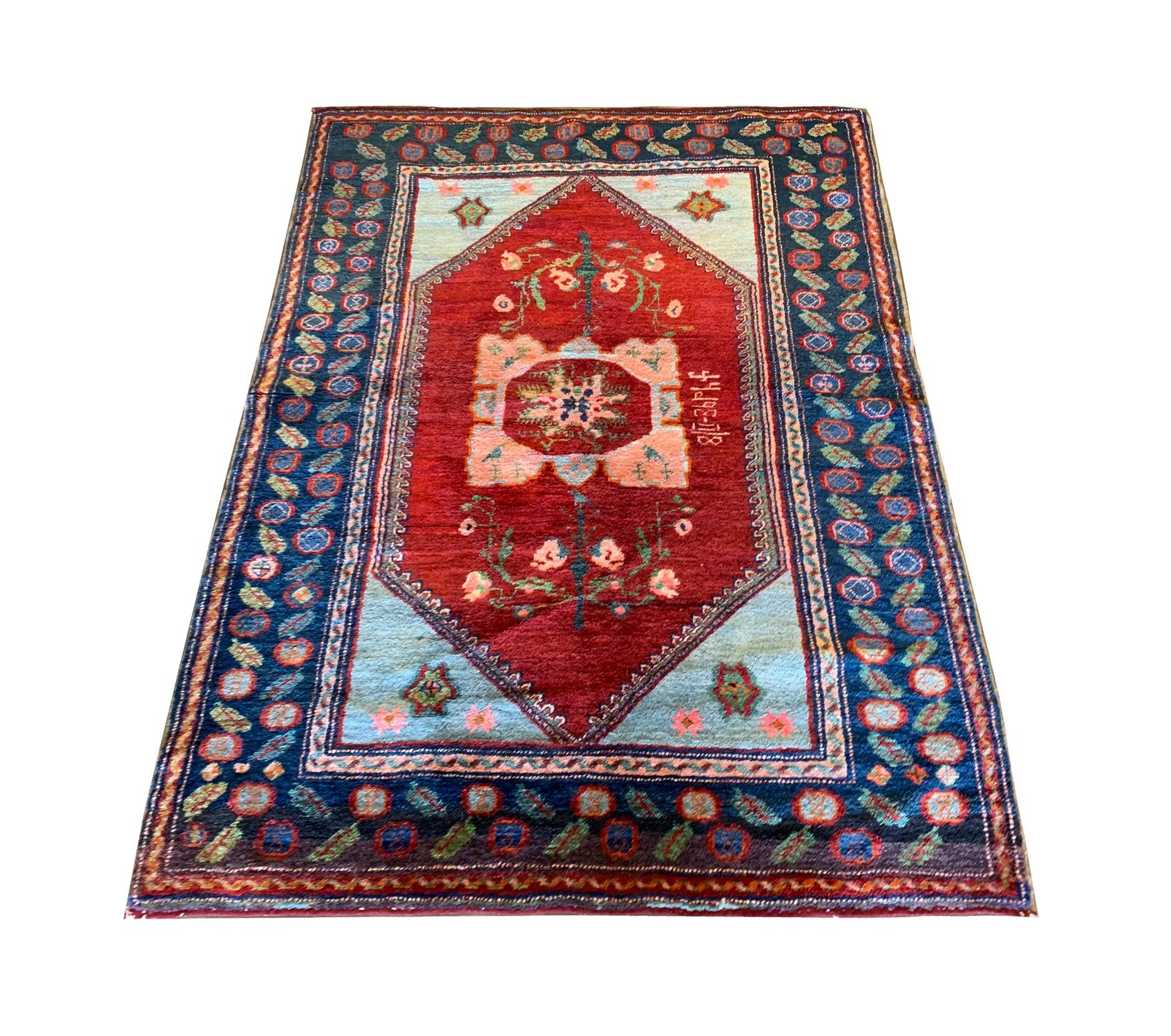 Introducing our exquisite antique collectible armenian rug, a true treasure immersed in history. Crafted with meticulous care in the 1880s, this small sized wool rug showcases the timeless artistry of armenian weaving. Hand-knotted to perfection, it