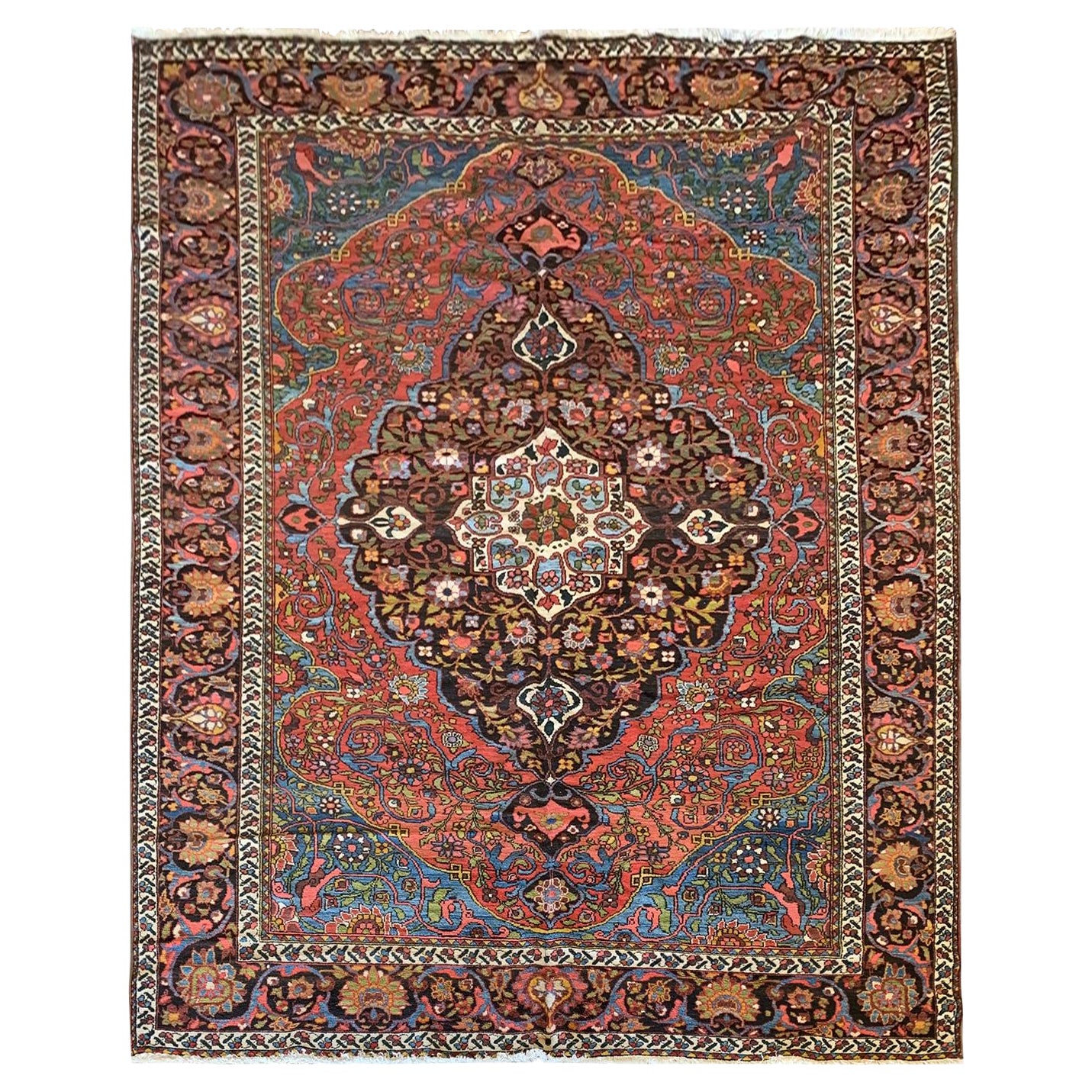 Antiker Sammlerstück Bakhtiari-Teppich, rostfarbener Wohnzimmerteppich 1900er Jahre