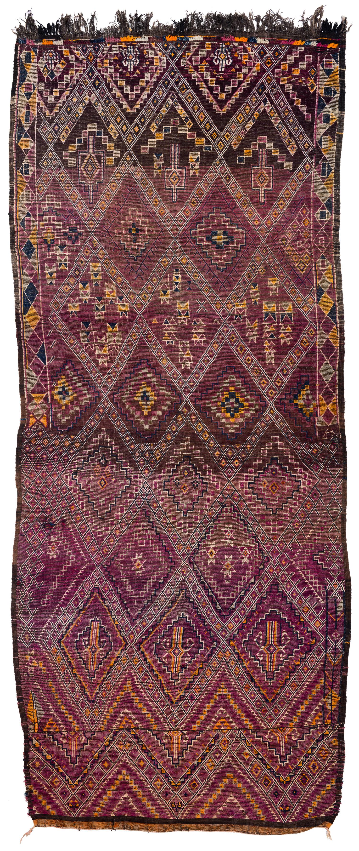 Antique Collectible Diamond Purple Violet Moroccan Wool Shag Midcentury Area Rug For Sale 7
