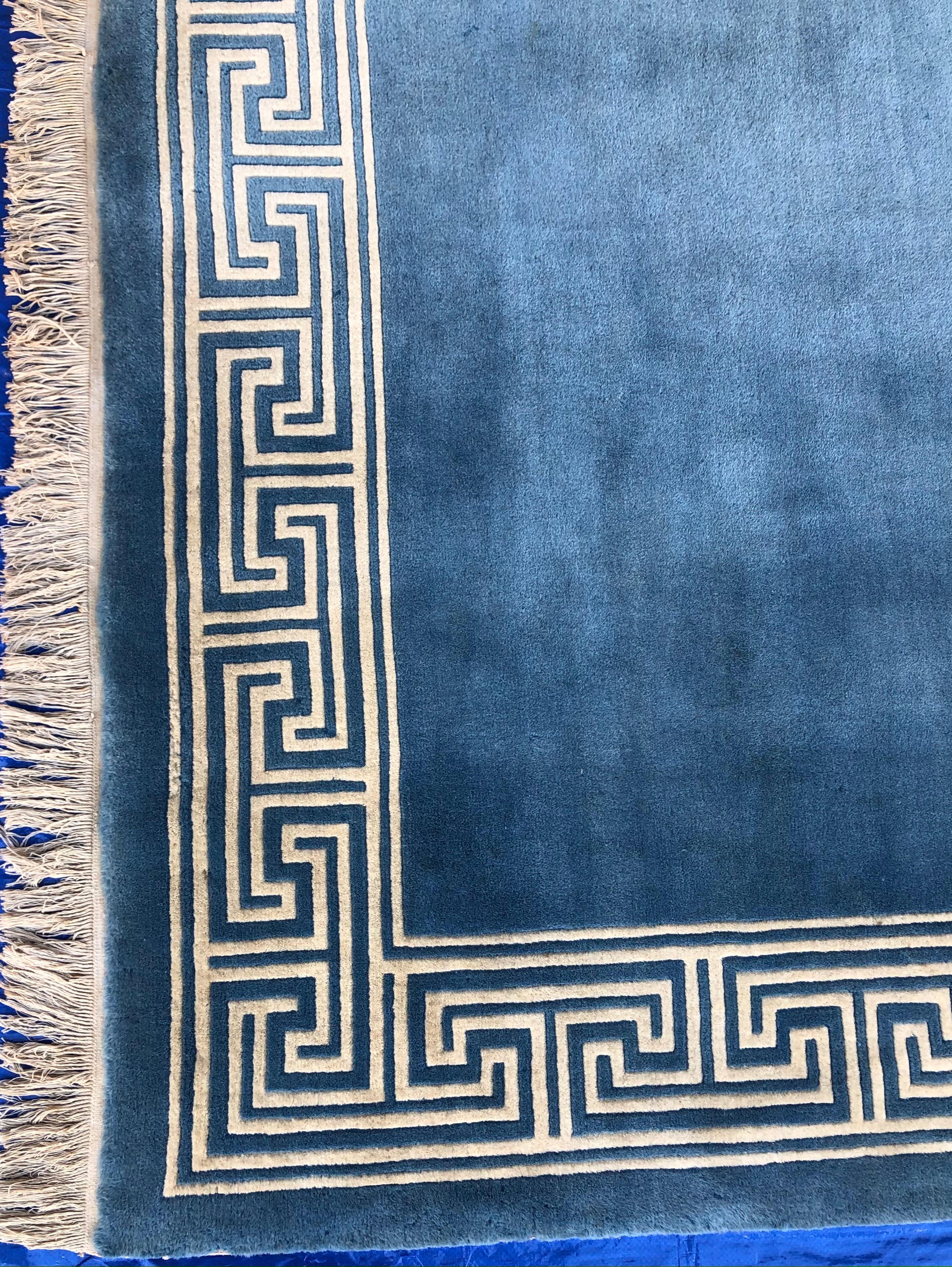 Chinese Stunning Blue and Beige Antique Collectible Ningxia or Ningshia Silk Area Rug For Sale