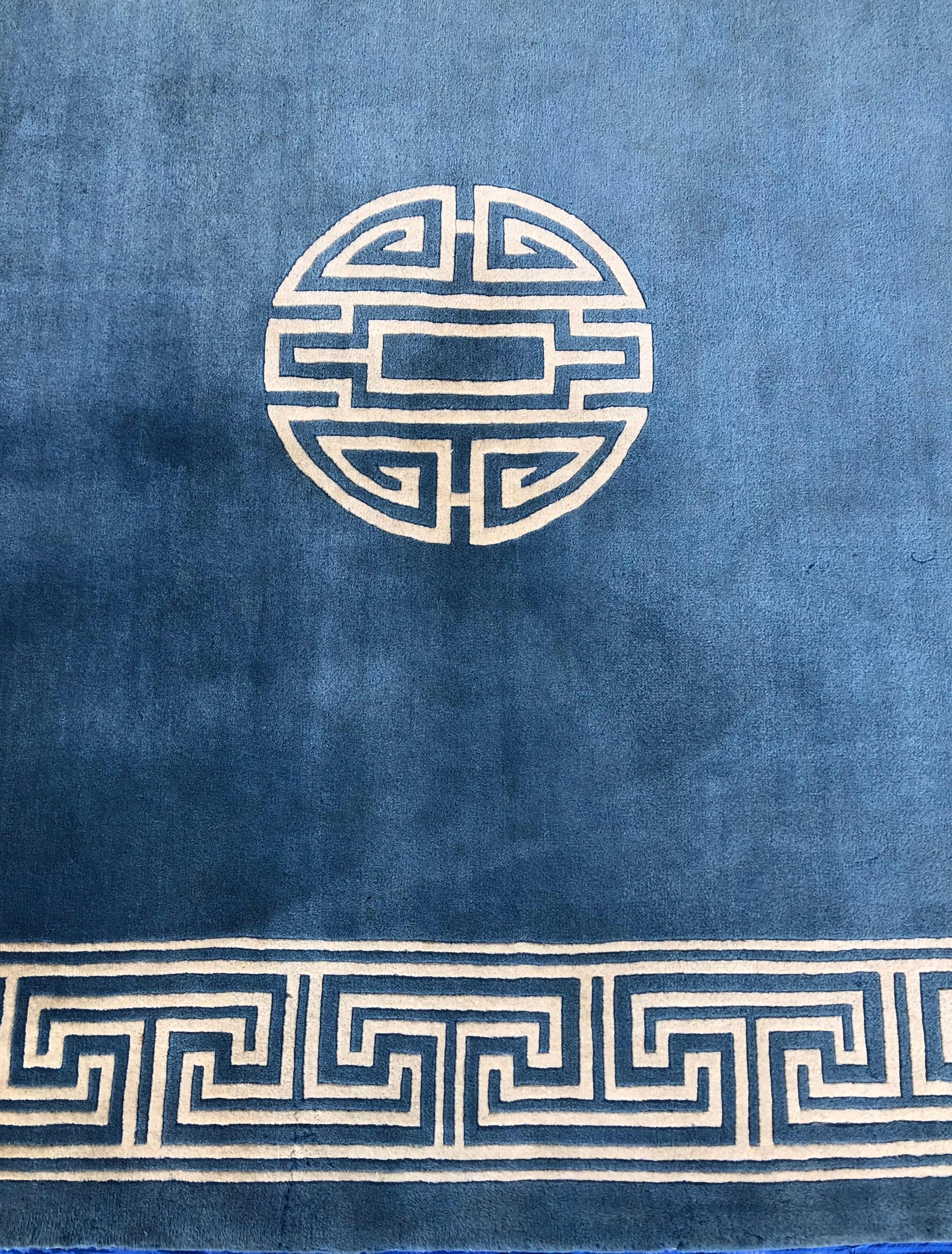 Hand-Crafted Stunning Blue and Beige Antique Collectible Ningxia or Ningshia Silk Area Rug For Sale