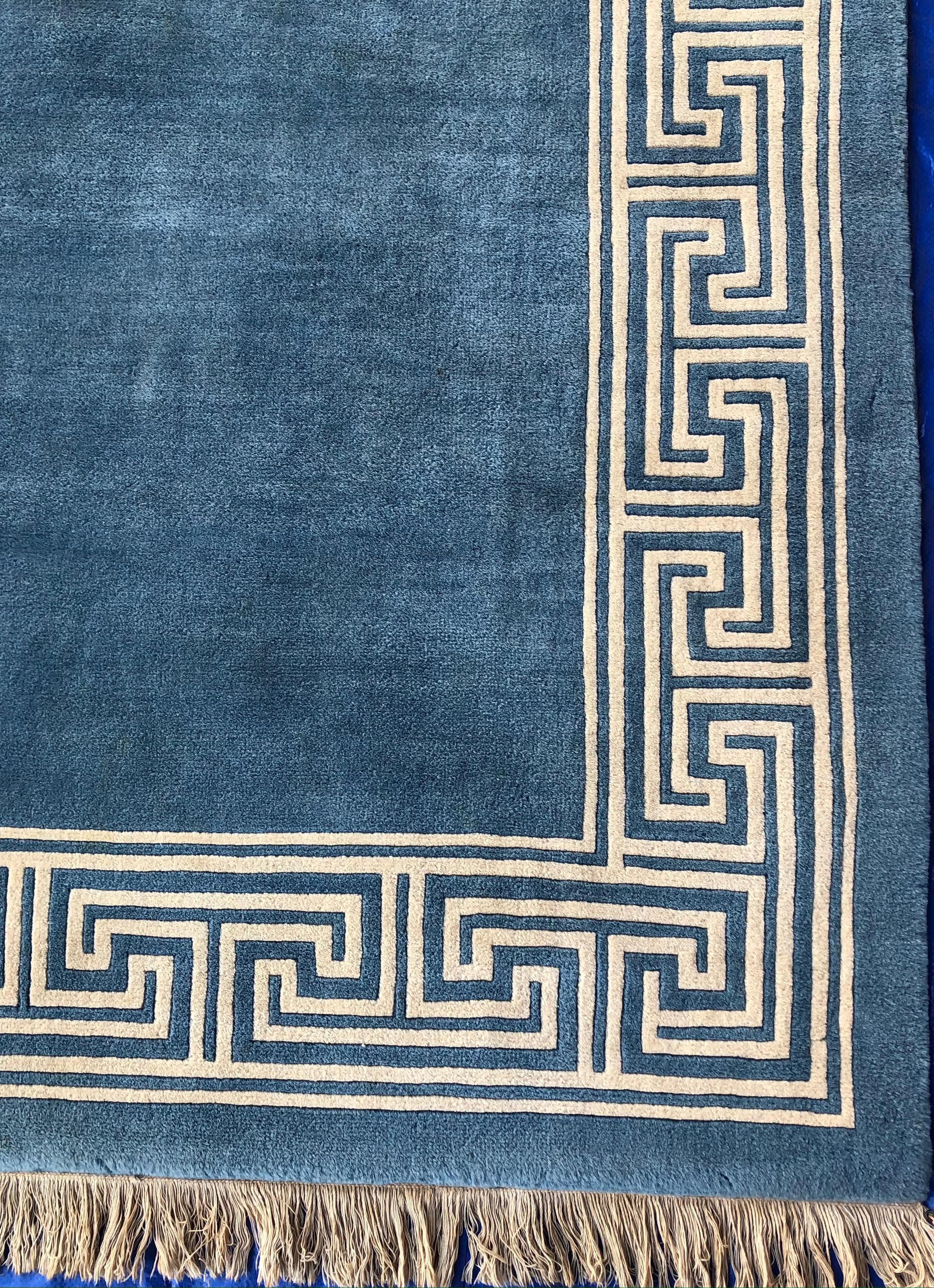 Stunning Blue and Beige Antique Collectible Ningxia or Ningshia Silk Area Rug In Good Condition For Sale In Miami, FL