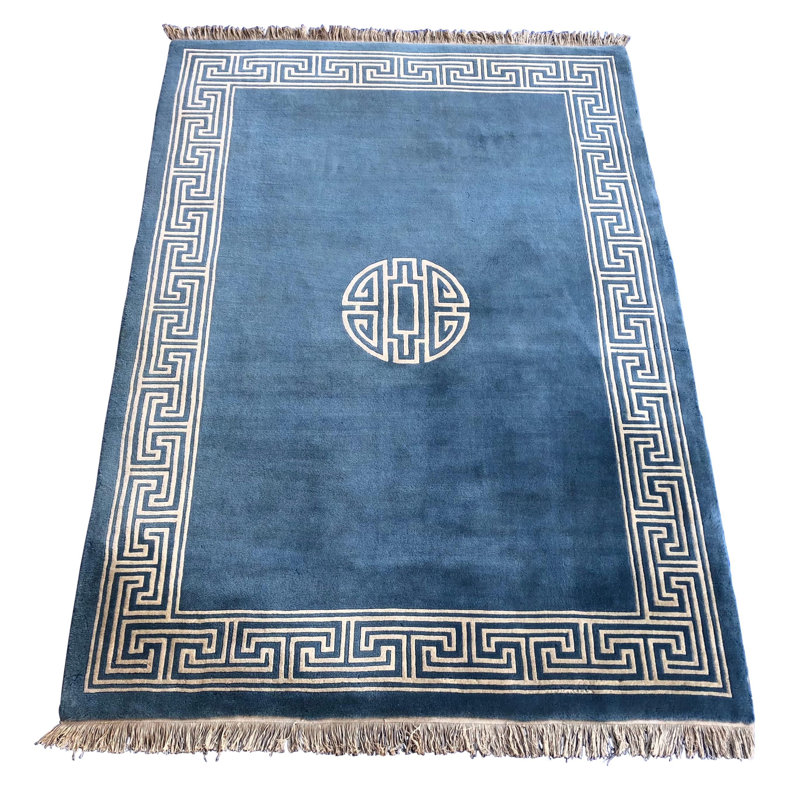 Atemberaubende Blau und Beige Antike Sammler Ningxia oder Ningshia Seide Bereich Teppich im Angebot
