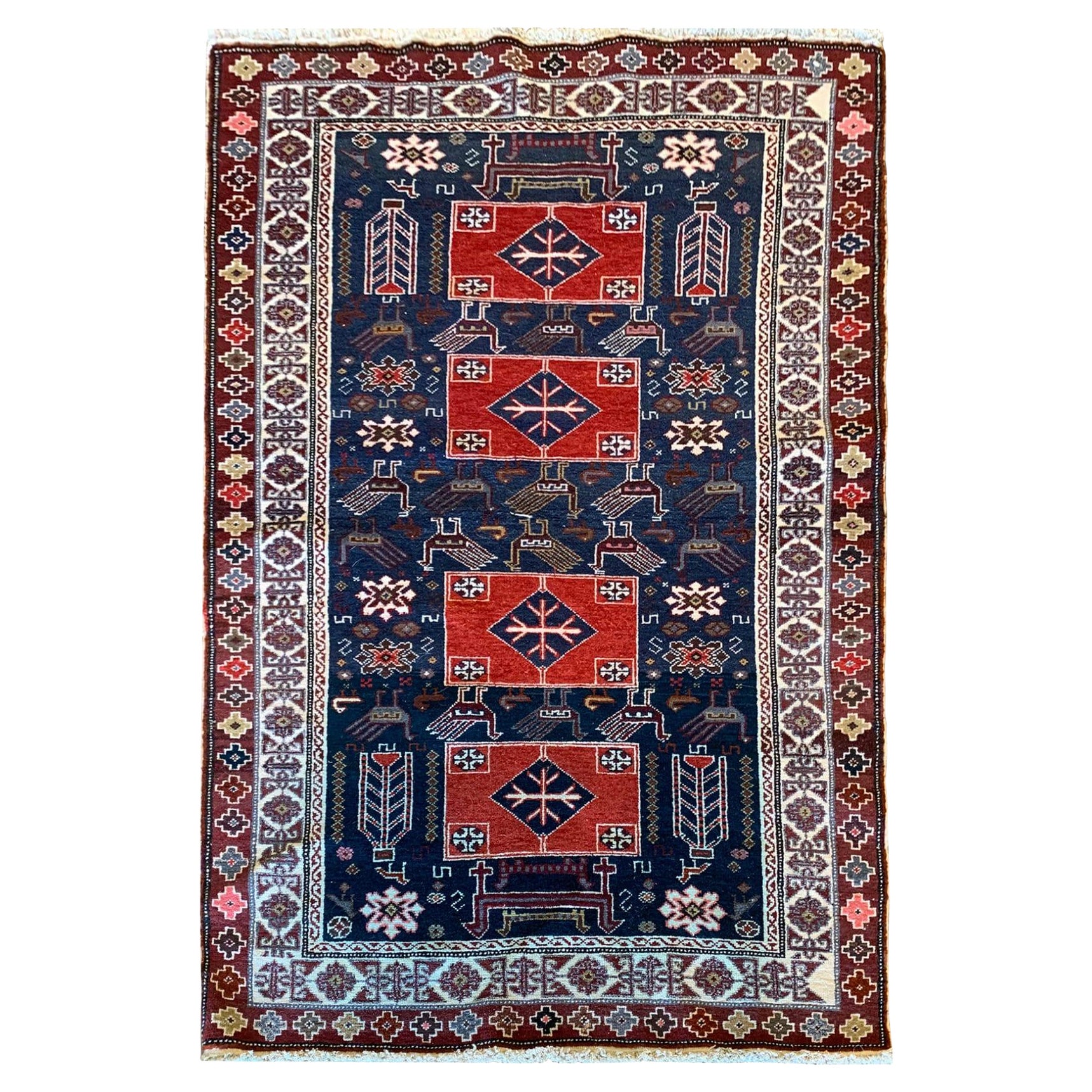 Tappeto antico da collezione Blu Caucasico Kuba, Azerbaijan, 1880, Tappeto Tribale