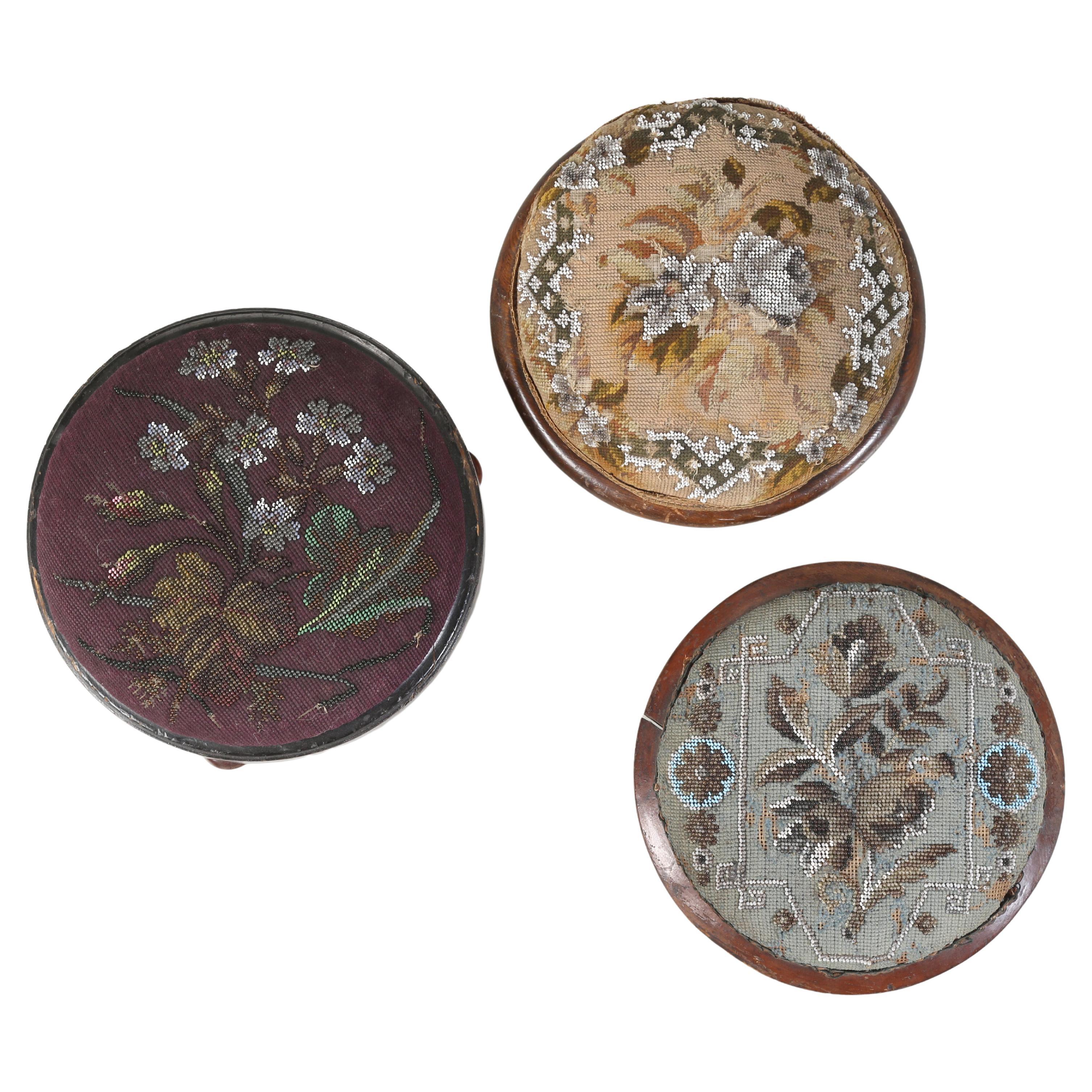 Antique Collection (3) English Beaded Needlepoint Ladies Ottoman or Footstools