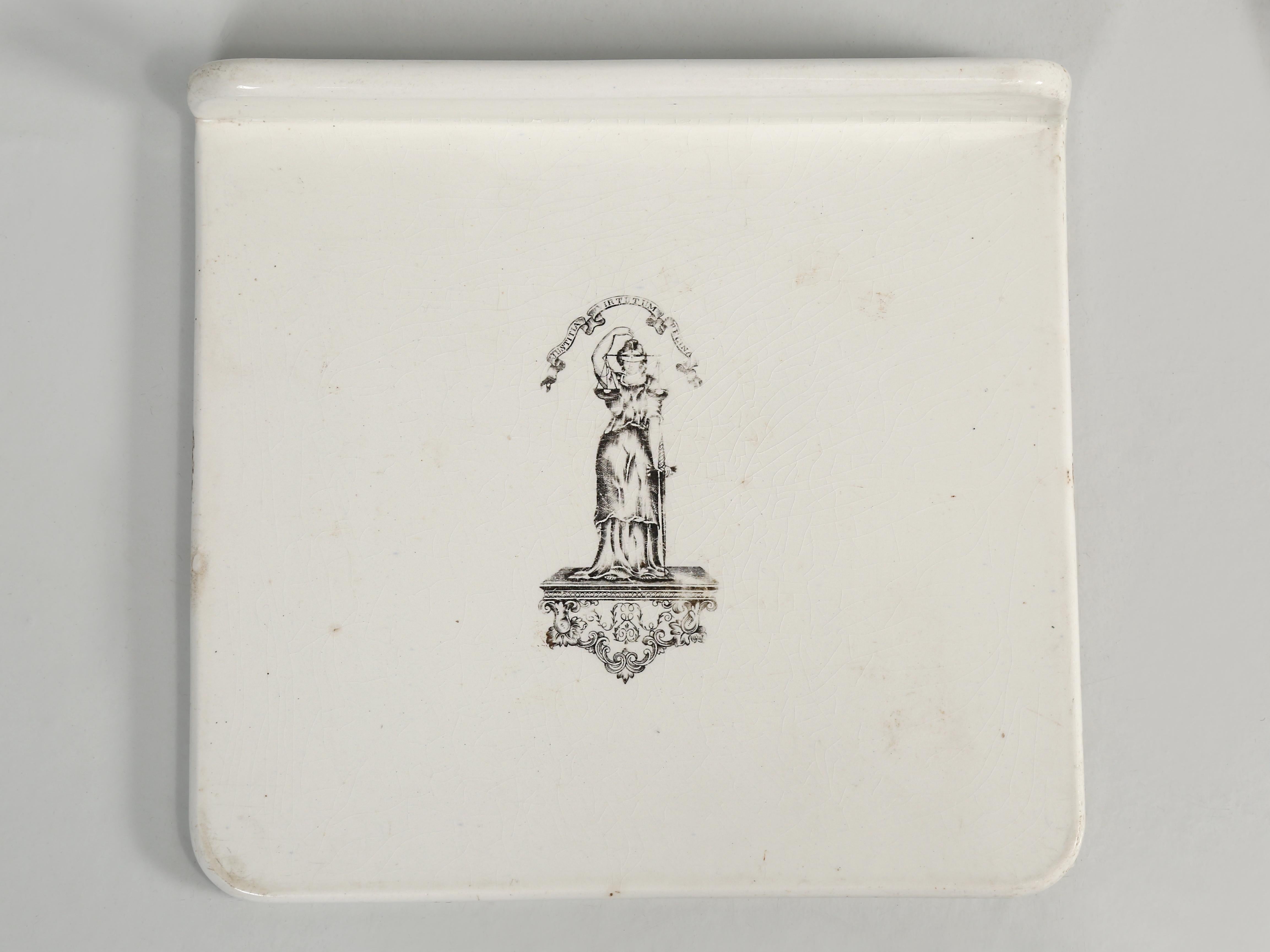 A wonderful and quite rare collection of antique English white ironstone scale plates, featuring advertising logos from the 1800s to early 1900s. Assuming, you are not going to be using these decorative scale plates on an actual scale, they do make