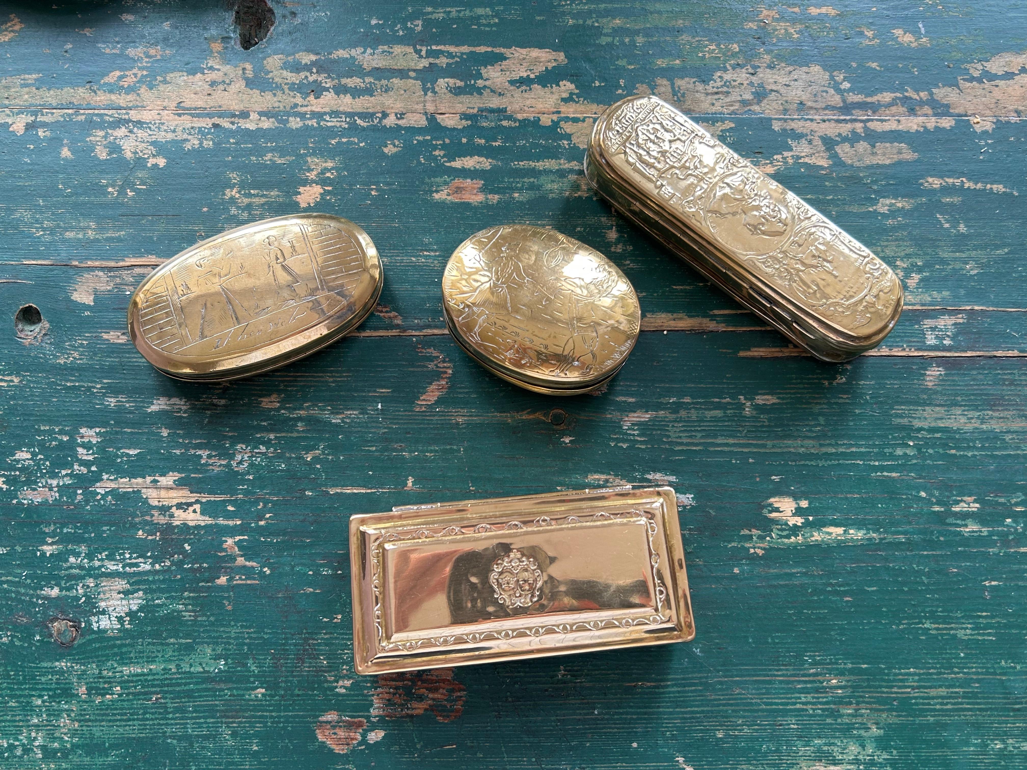 Dutch Antique Collection of Four Different Brass Tobacco Boxes, Holland, 18th Century For Sale
