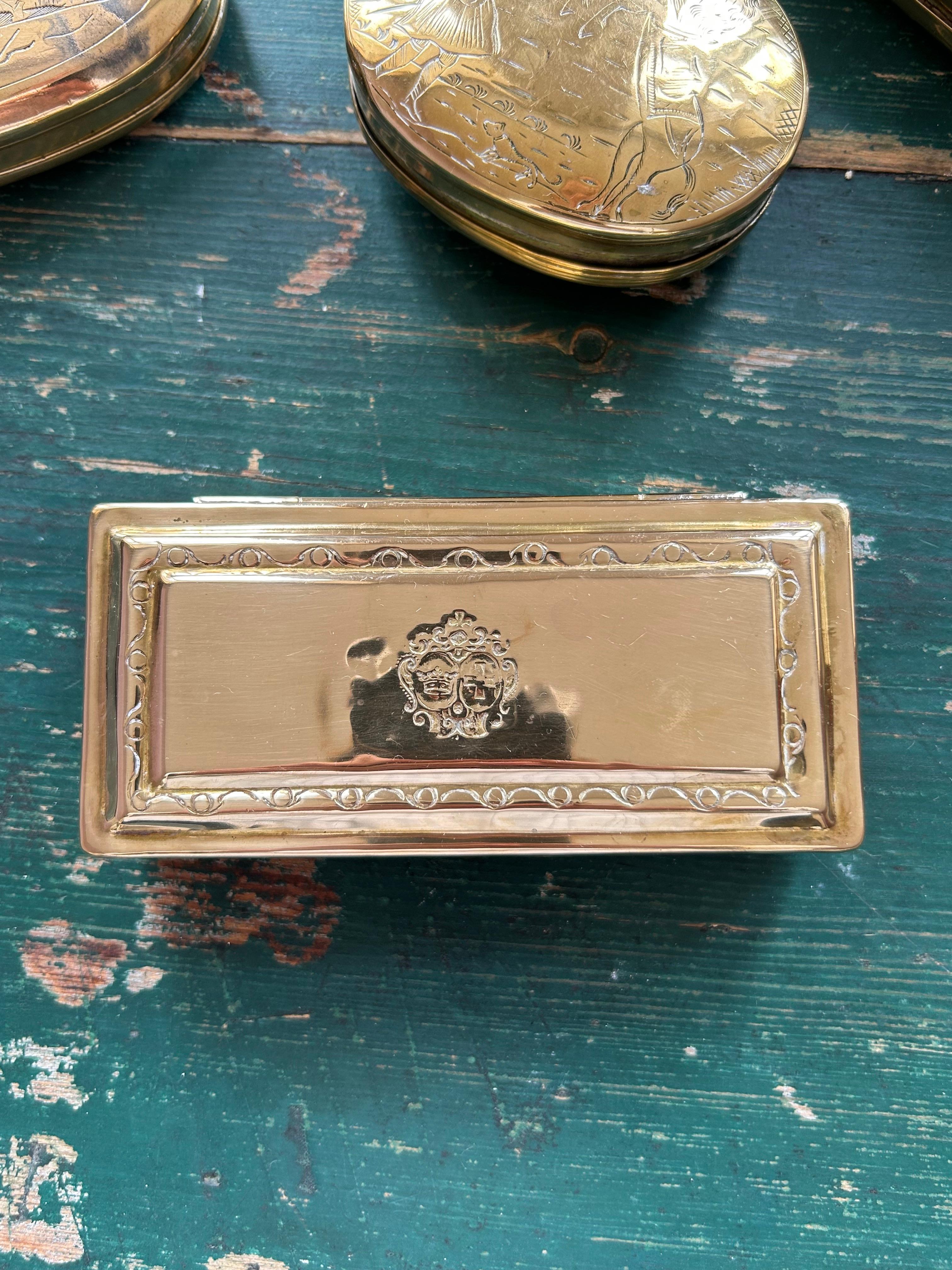 18th Century and Earlier Antique Collection of Four Different Brass Tobacco Boxes, Holland, 18th Century For Sale