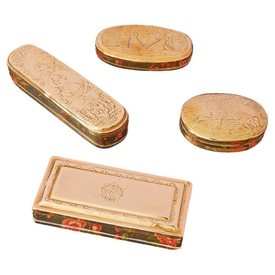 Antique Collection of Four Different Brass Tobacco Boxes, Holland, 18th Century For Sale