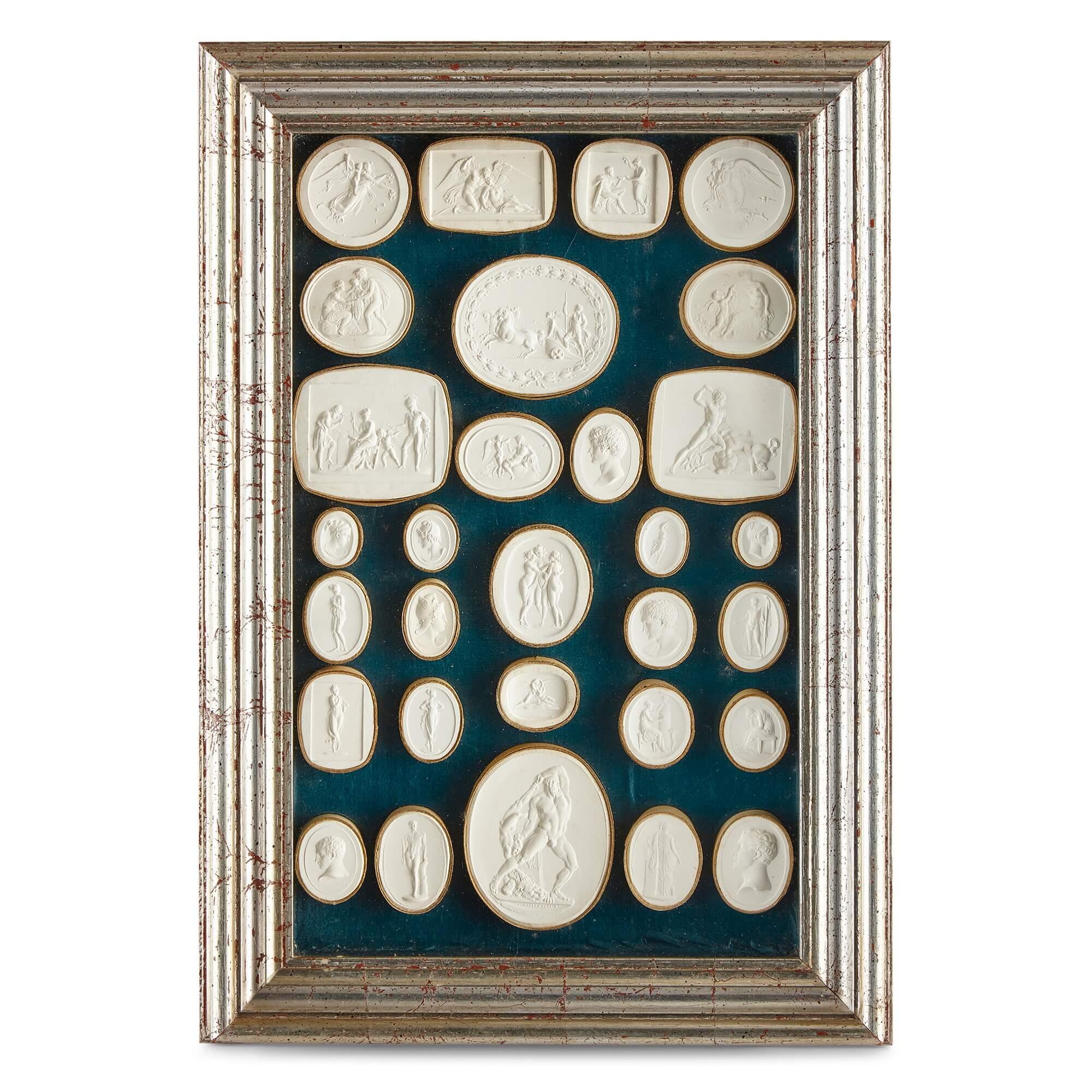 Antique collection of Italian Grand Tour plaster intaglios 
Italian, Early 19th Century 
Height 39.5cm, width 27cm, depth 5cm

Consisting of around 200 plaster intaglios, this collection is a memento of one’s travels during the Grand Tour, a popular