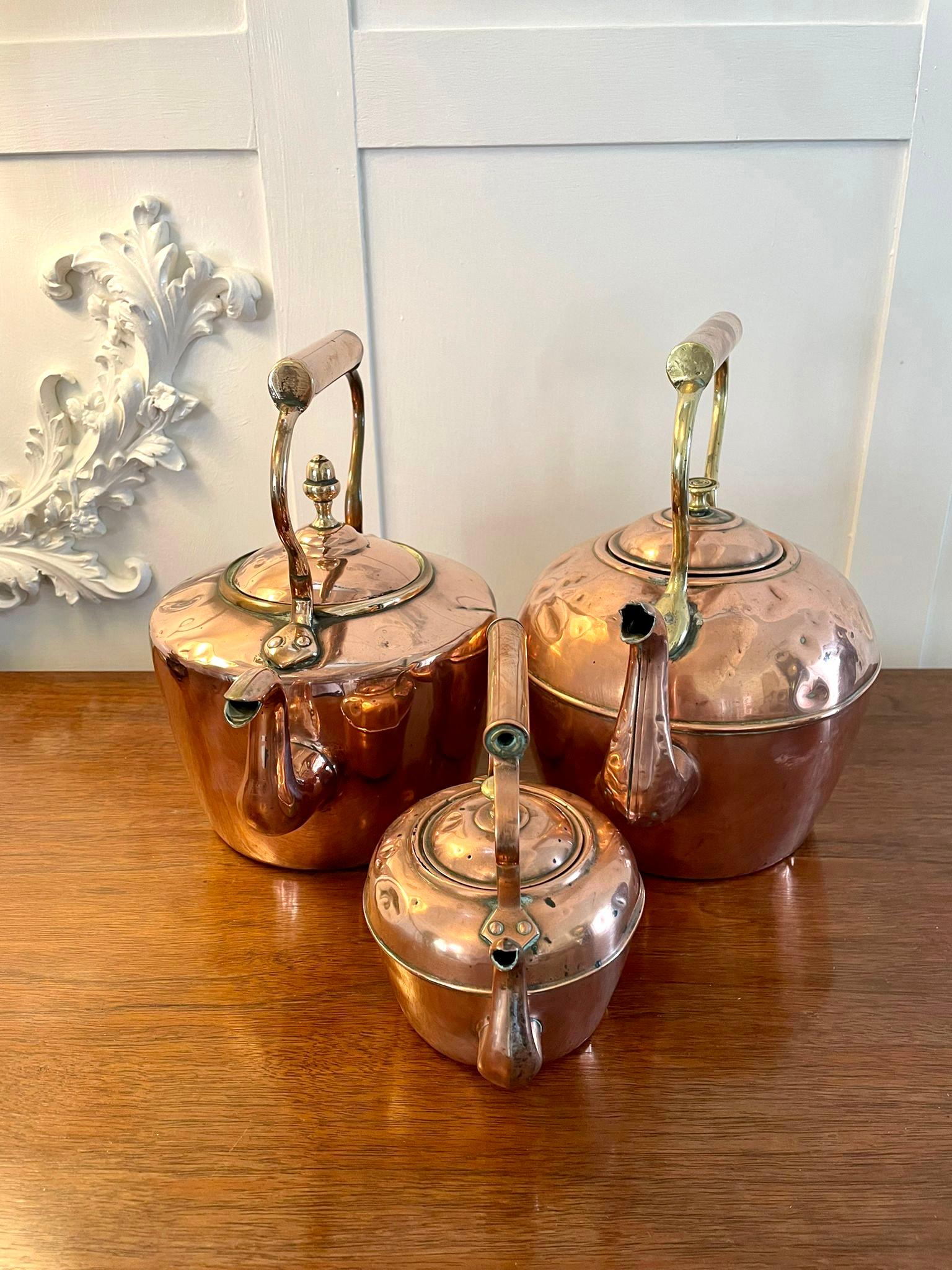Colección antigua de tres teteras de cobre Inglés en venta