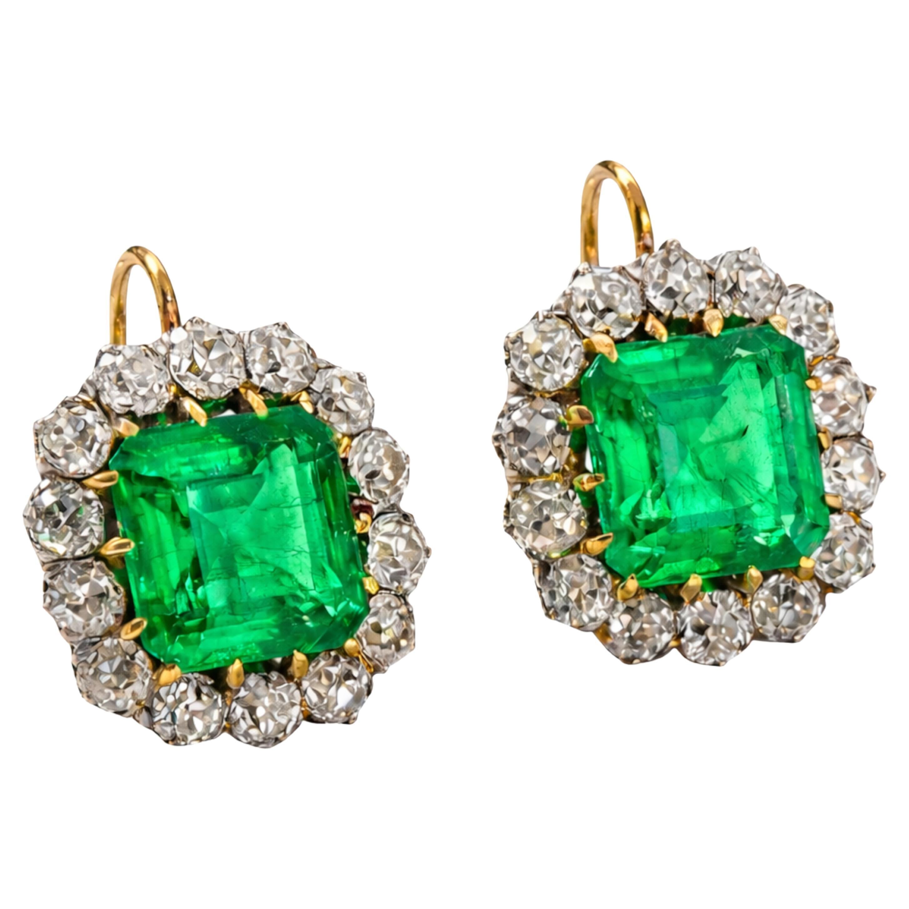 Antique Colombian Emerald and Diamond Cluster Earrings in Gold & Platinum
