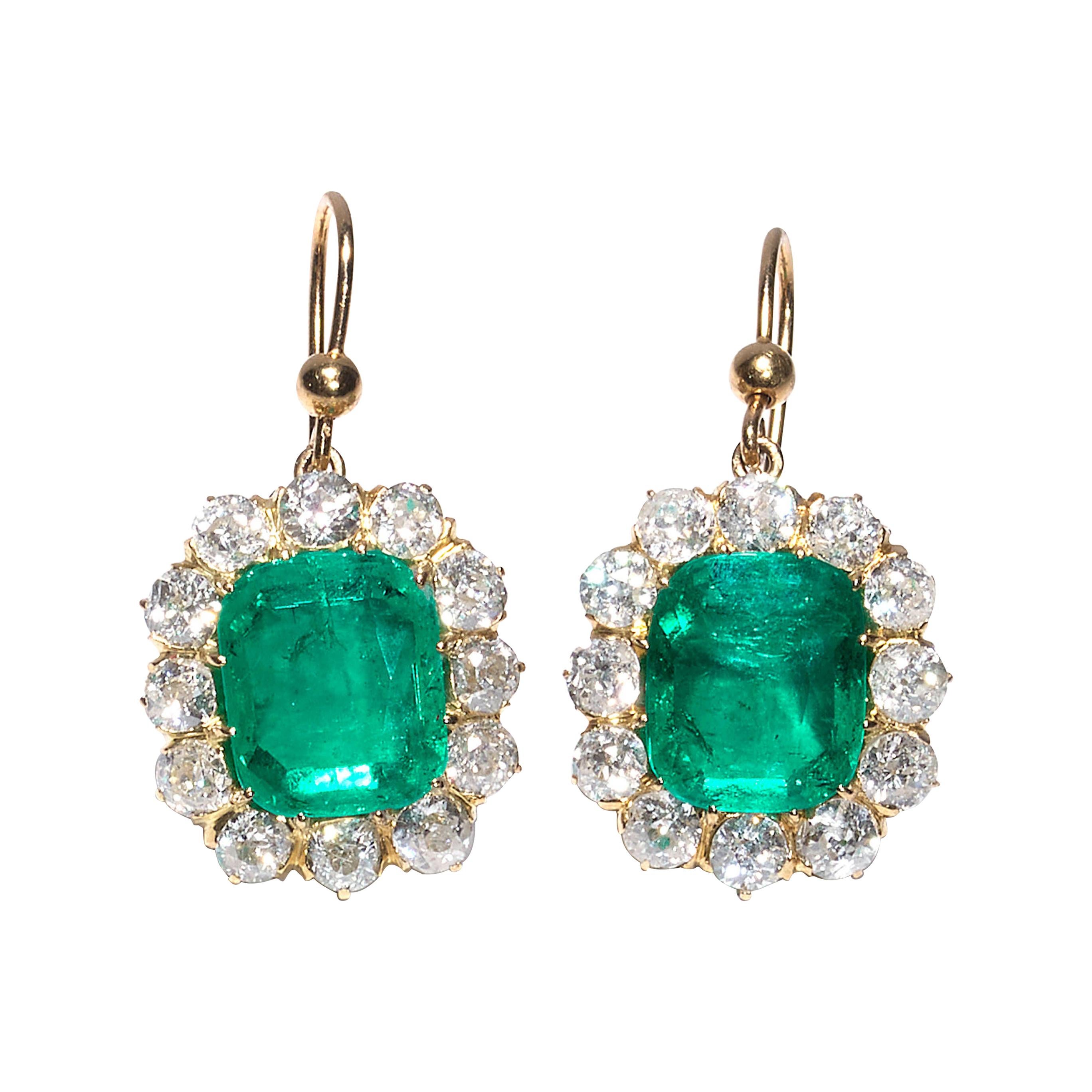 Antique Colombian Emerald and Diamond Drop Earrings