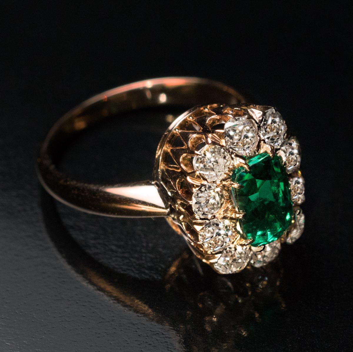 Victorian Antique Colombian Emerald and Diamond Engagement Ring