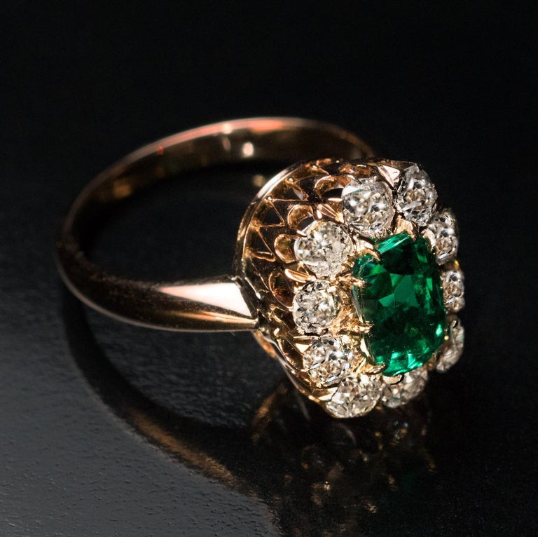 Antique Colombian Emerald and Diamond Engagement Ring at 1stDibs