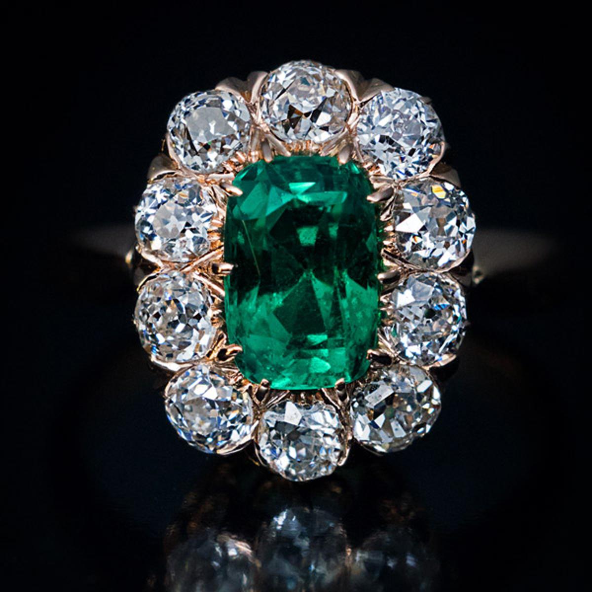 Women's Antique Colombian Emerald and Diamond Engagement Ring
