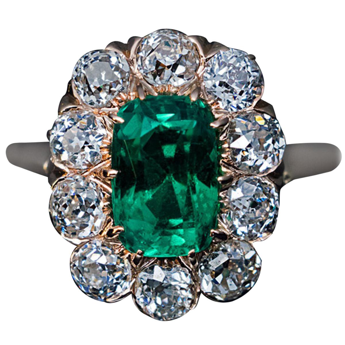 Antique Colombian Emerald and Diamond Engagement Ring