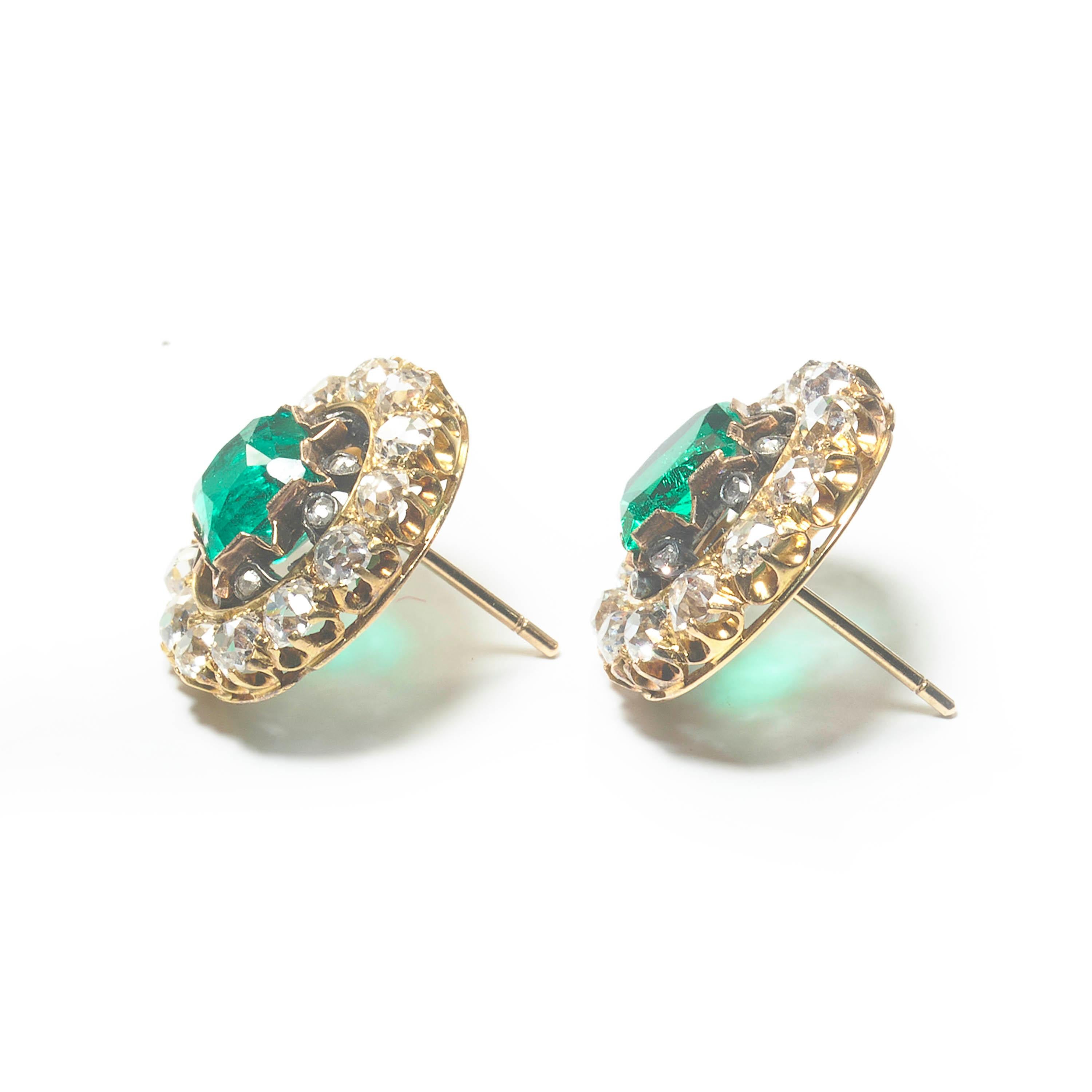 Late Victorian Antique Colombian Emerald, Diamond and Gold Earrings For Sale